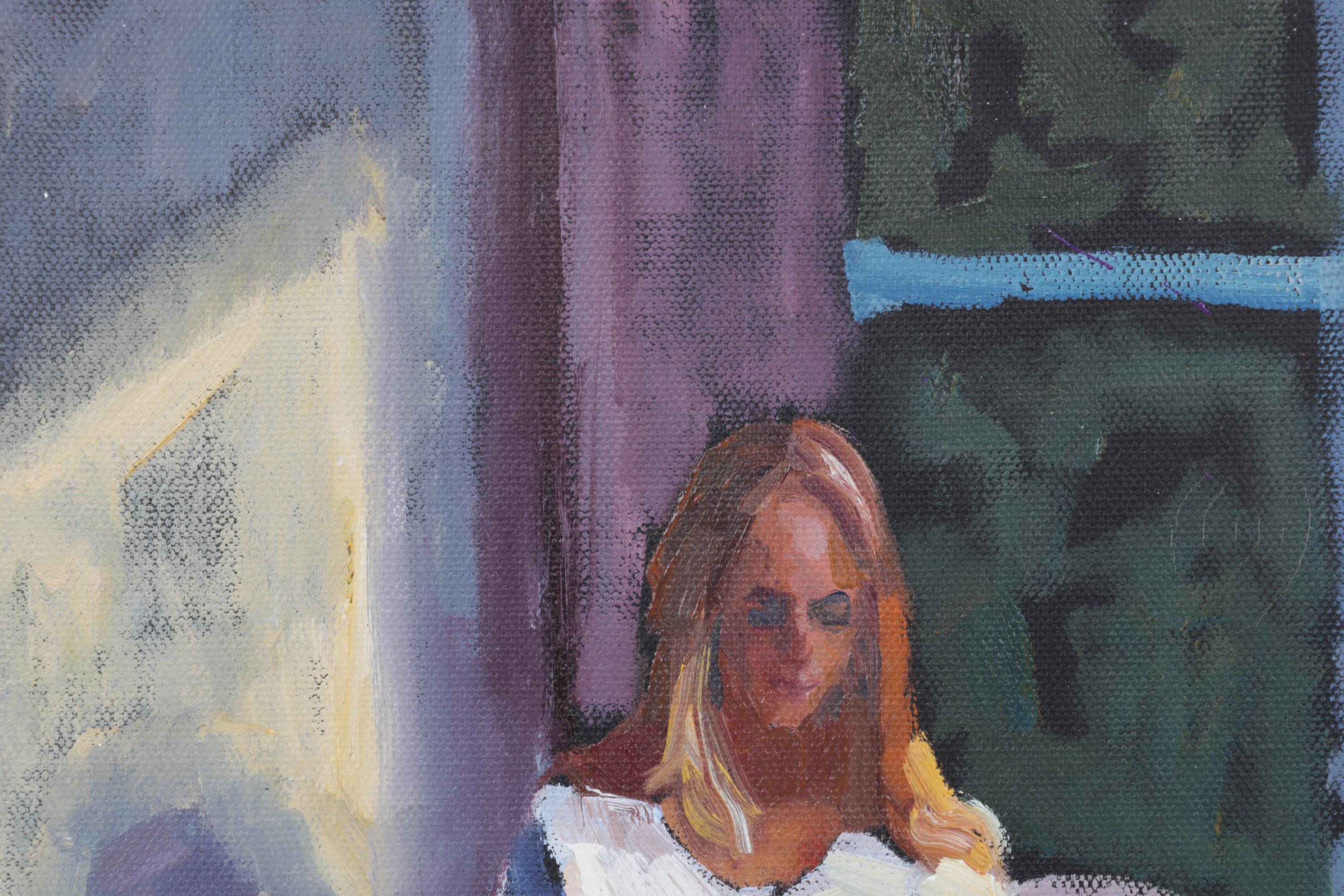 Impressionist Style Oil Painting of Portrait of Woman Sitting at Table