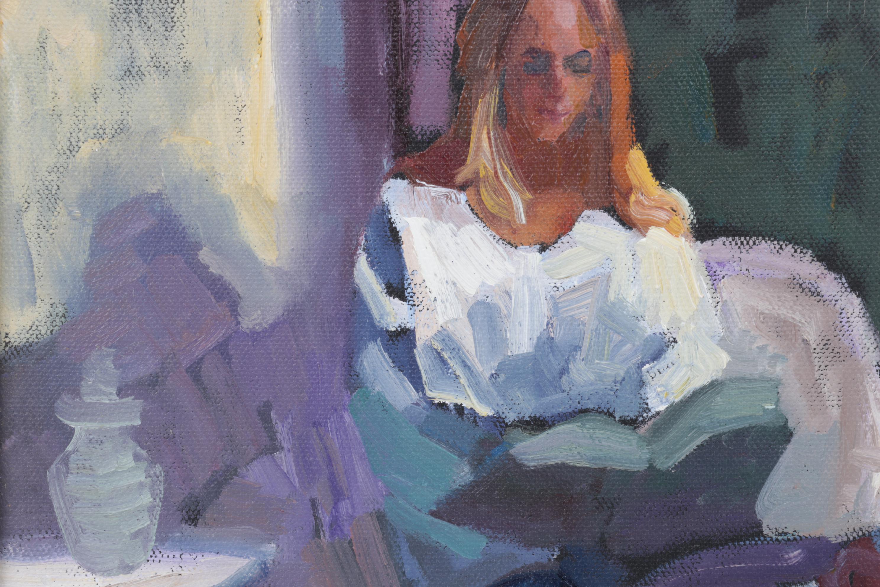 Impressionist Style Oil Painting of Portrait of Woman Sitting at Table