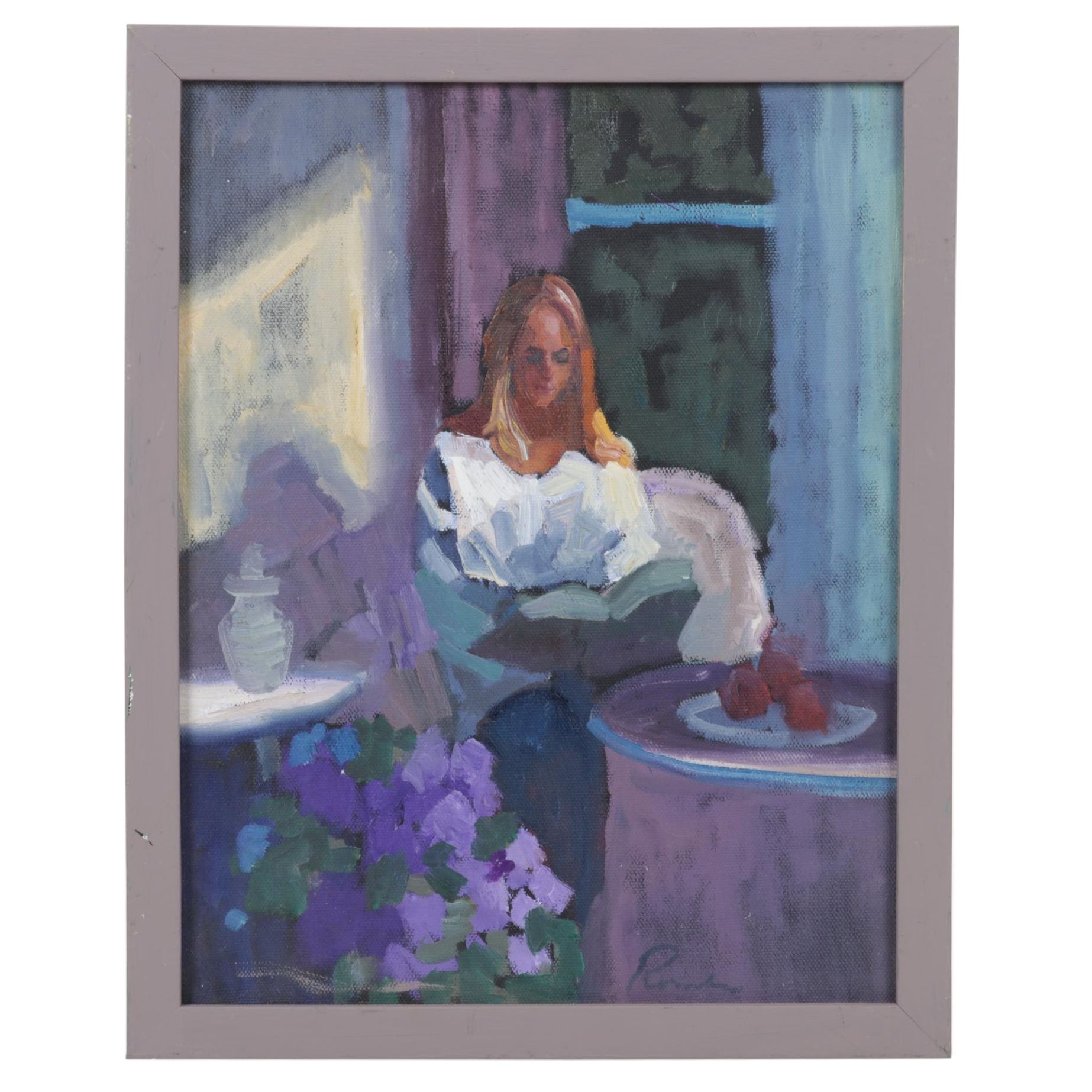 Impressionist Style Oil Painting of Portrait of Woman Sitting at Table