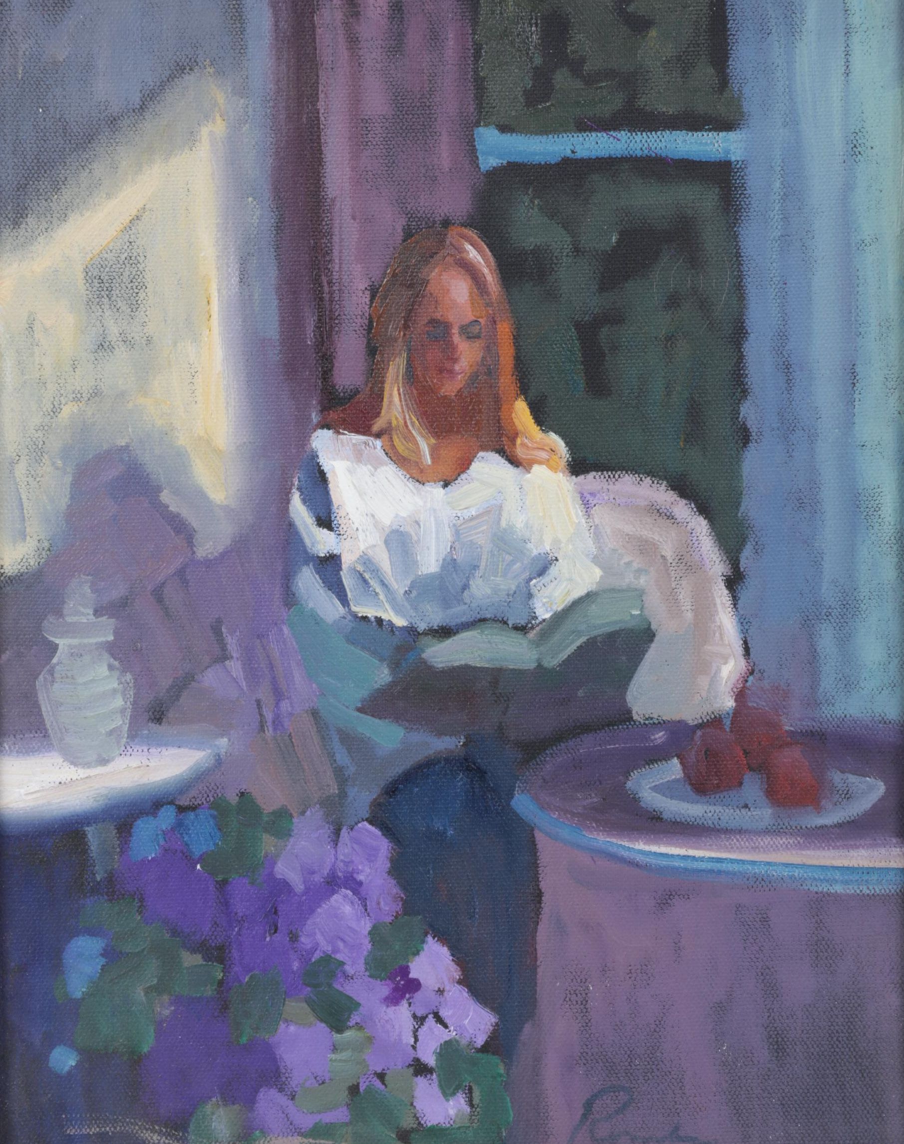 Impressionist Style Oil Painting of Portrait of Woman Sitting at Table