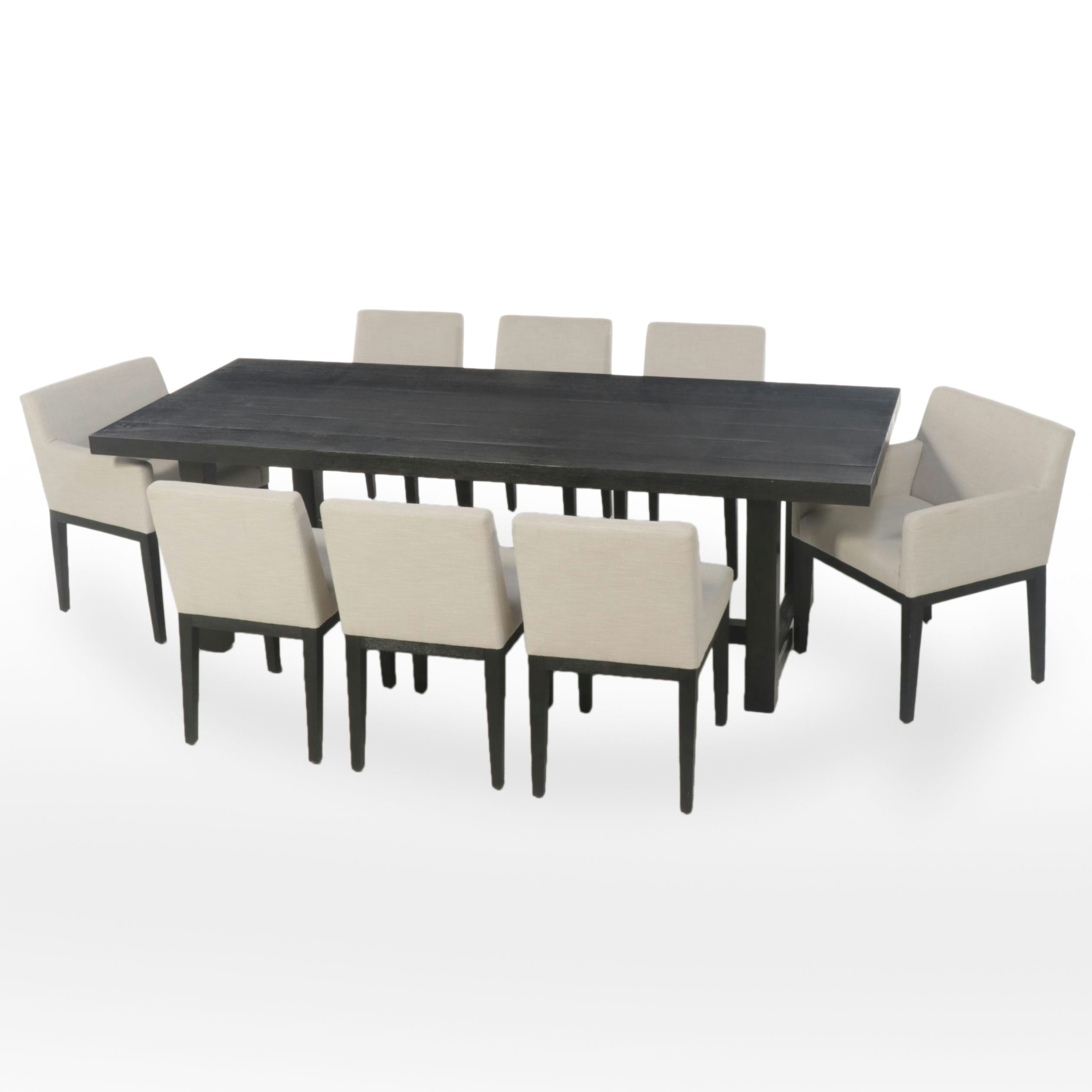 Restoration Hardware Ebonized Wood Trestle-Base Table and 8 Upholstered Chairs