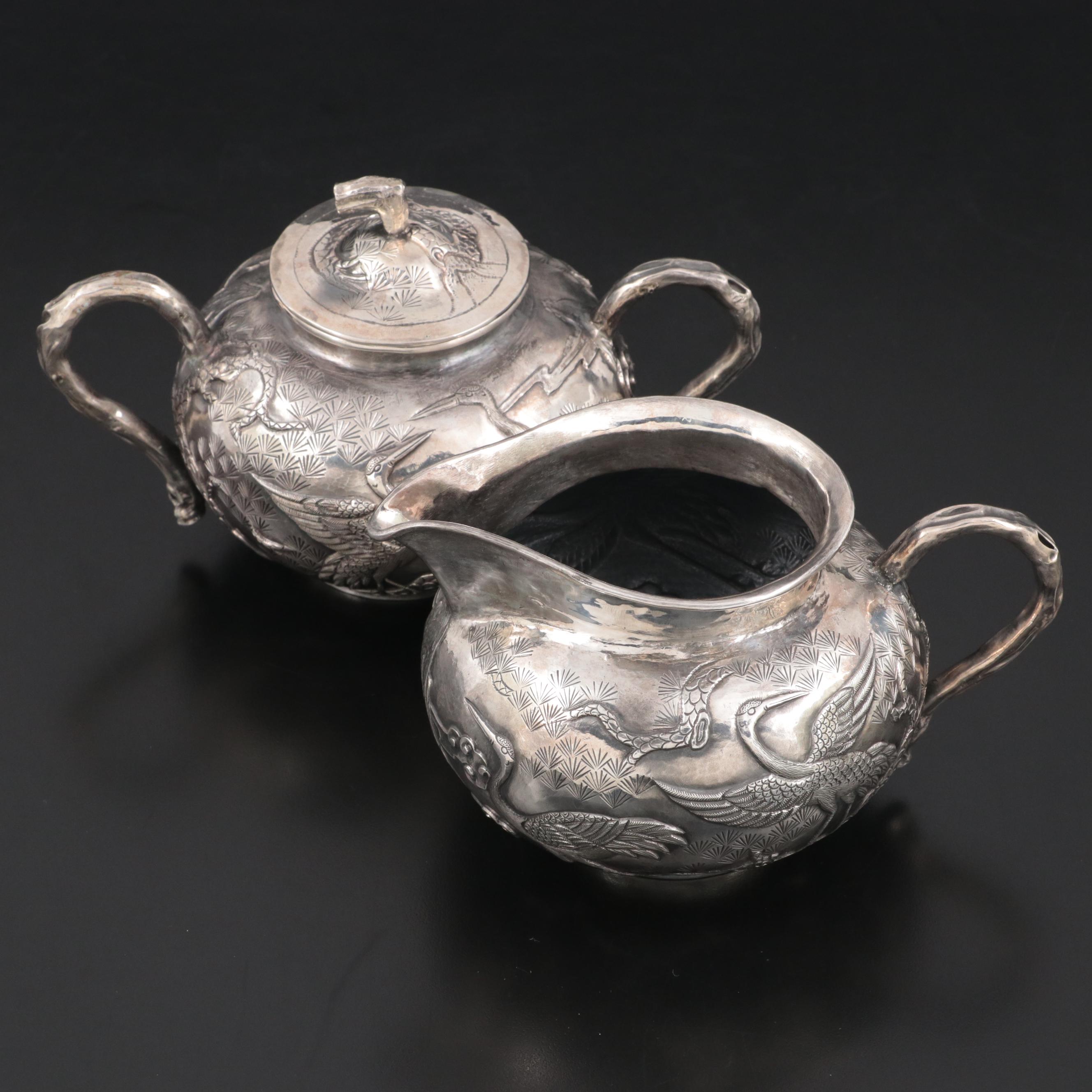 Chinese Export Silver Tien Shing Fine Silver Creamer and Sugar, Late 19th C.