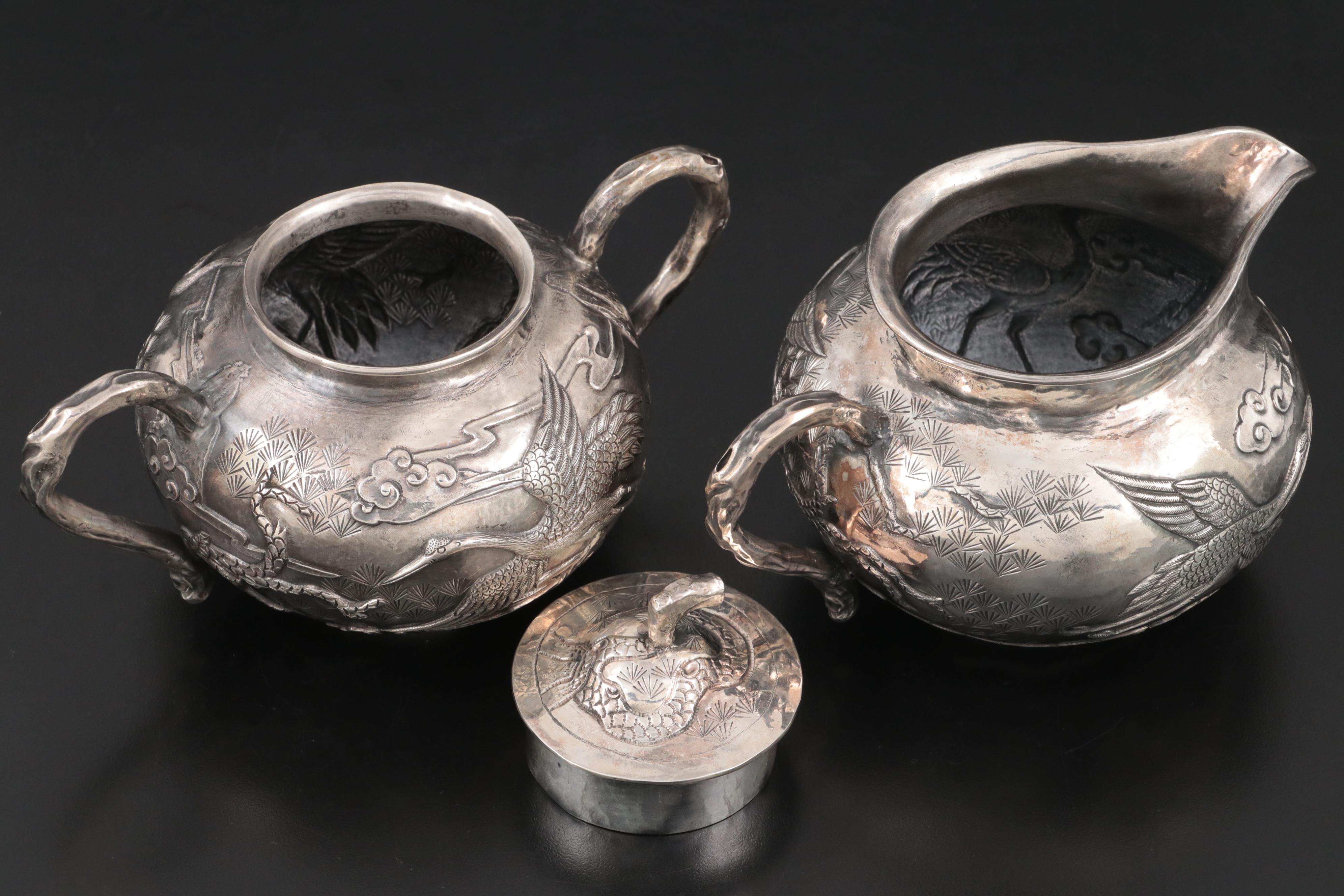 Chinese Export Silver Tien Shing Fine Silver Creamer and Sugar, Late 19th C.