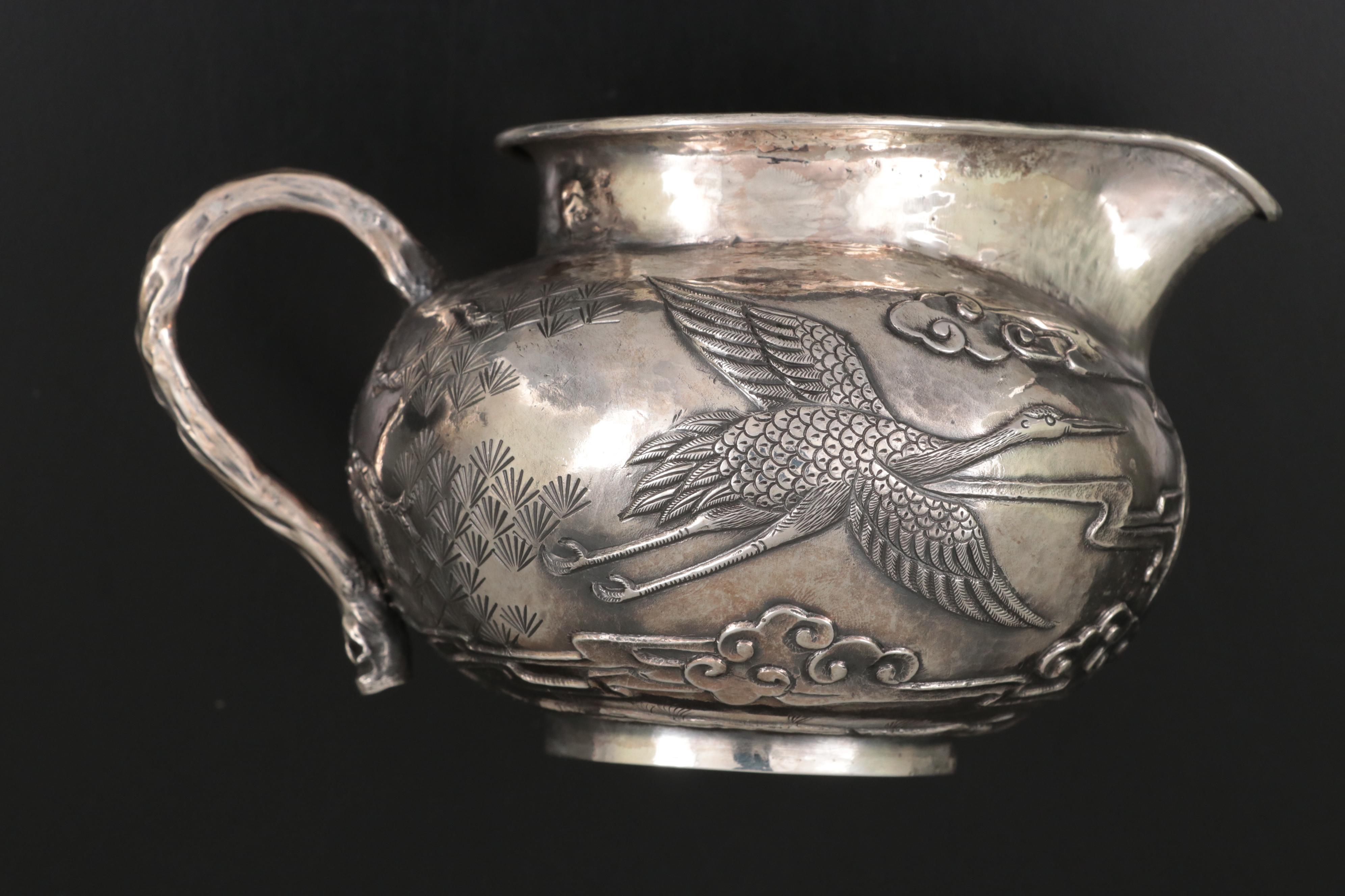 Chinese Export Silver Tien Shing Fine Silver Creamer and Sugar, Late 19th C.