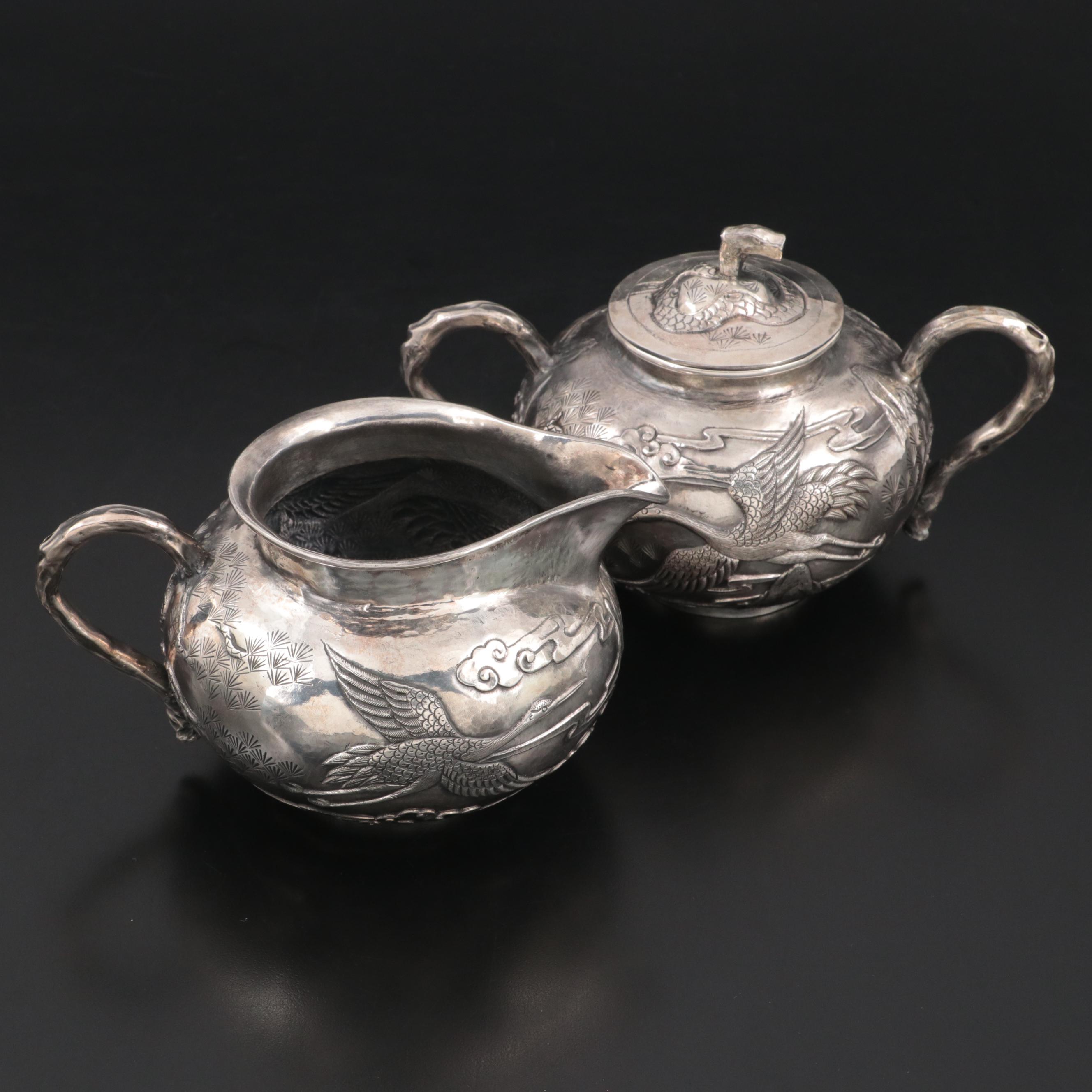 Chinese Export Silver Tien Shing Fine Silver Creamer and Sugar, Late 19th C.