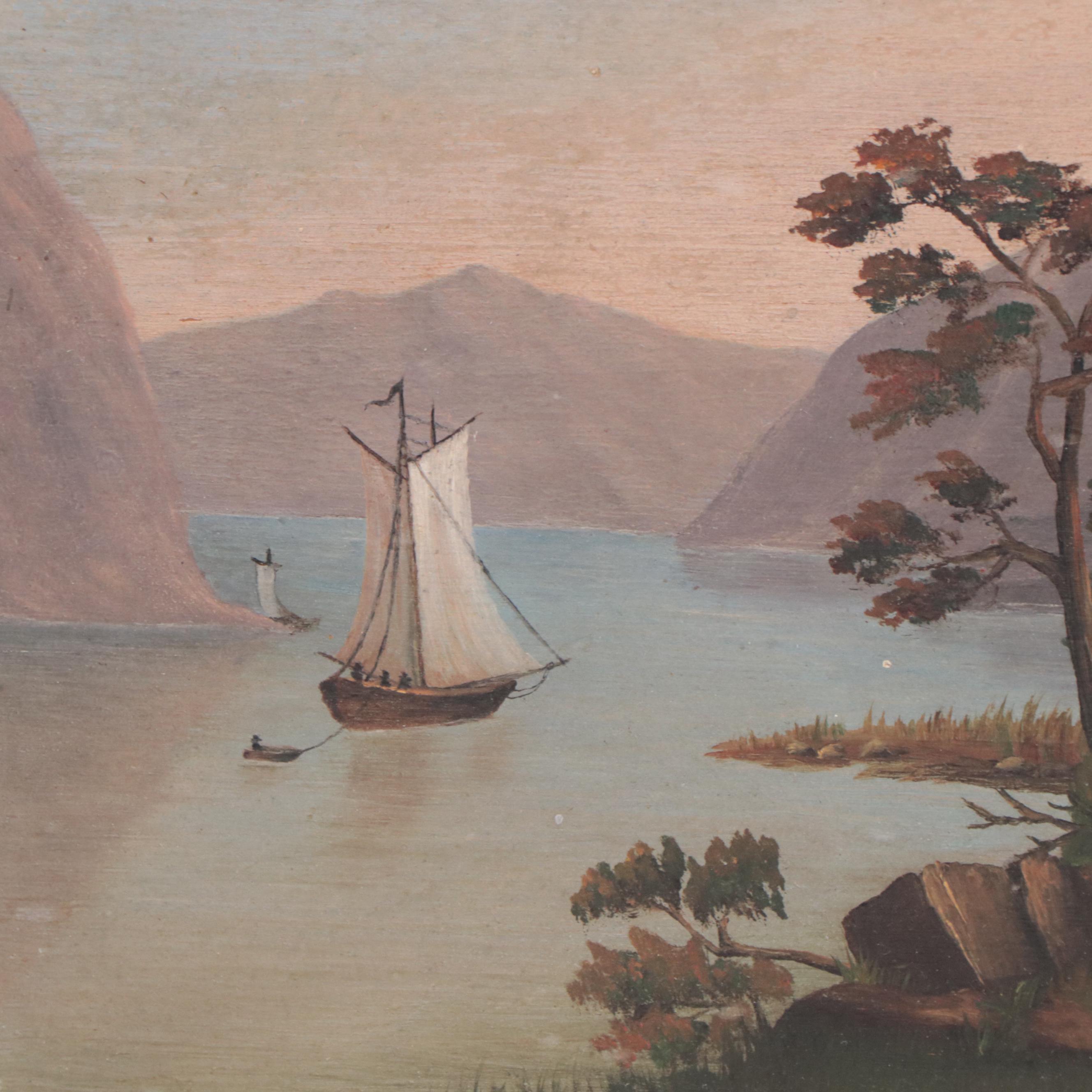 American School River Landscape with Boats Oil Painting, Circa 1900