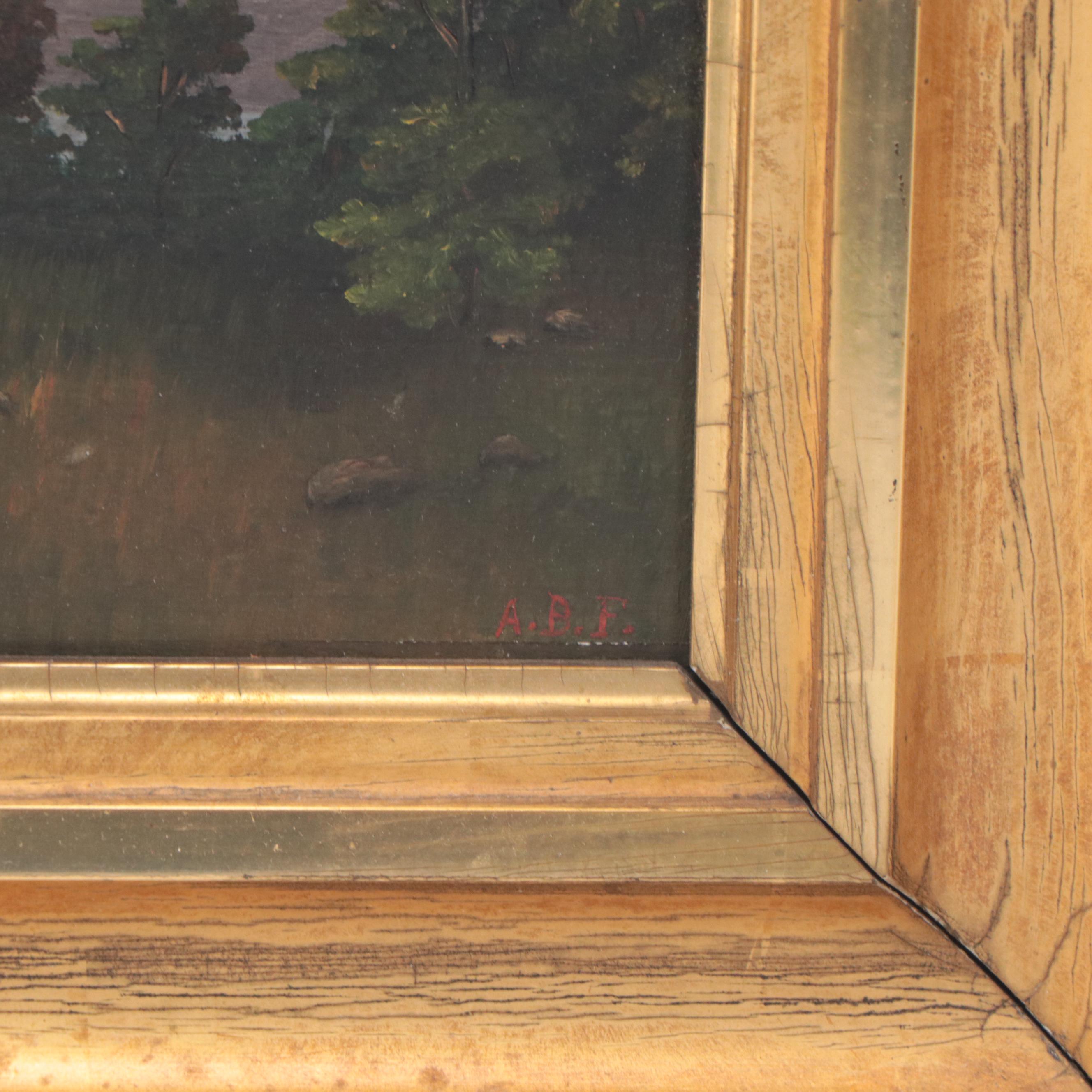 American School River Landscape with Boats Oil Painting, Circa 1900