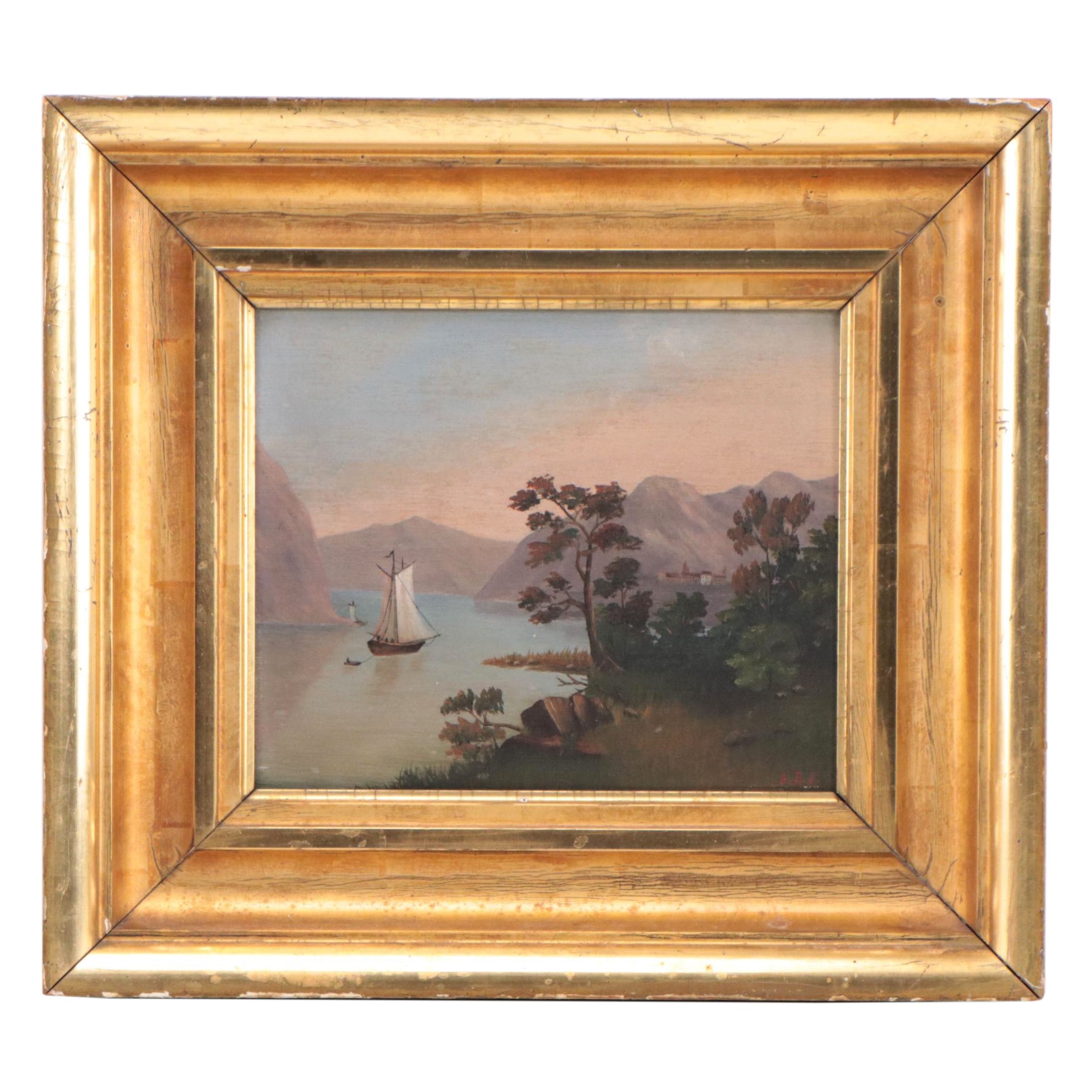 American School River Landscape with Boats Oil Painting, Circa 1900