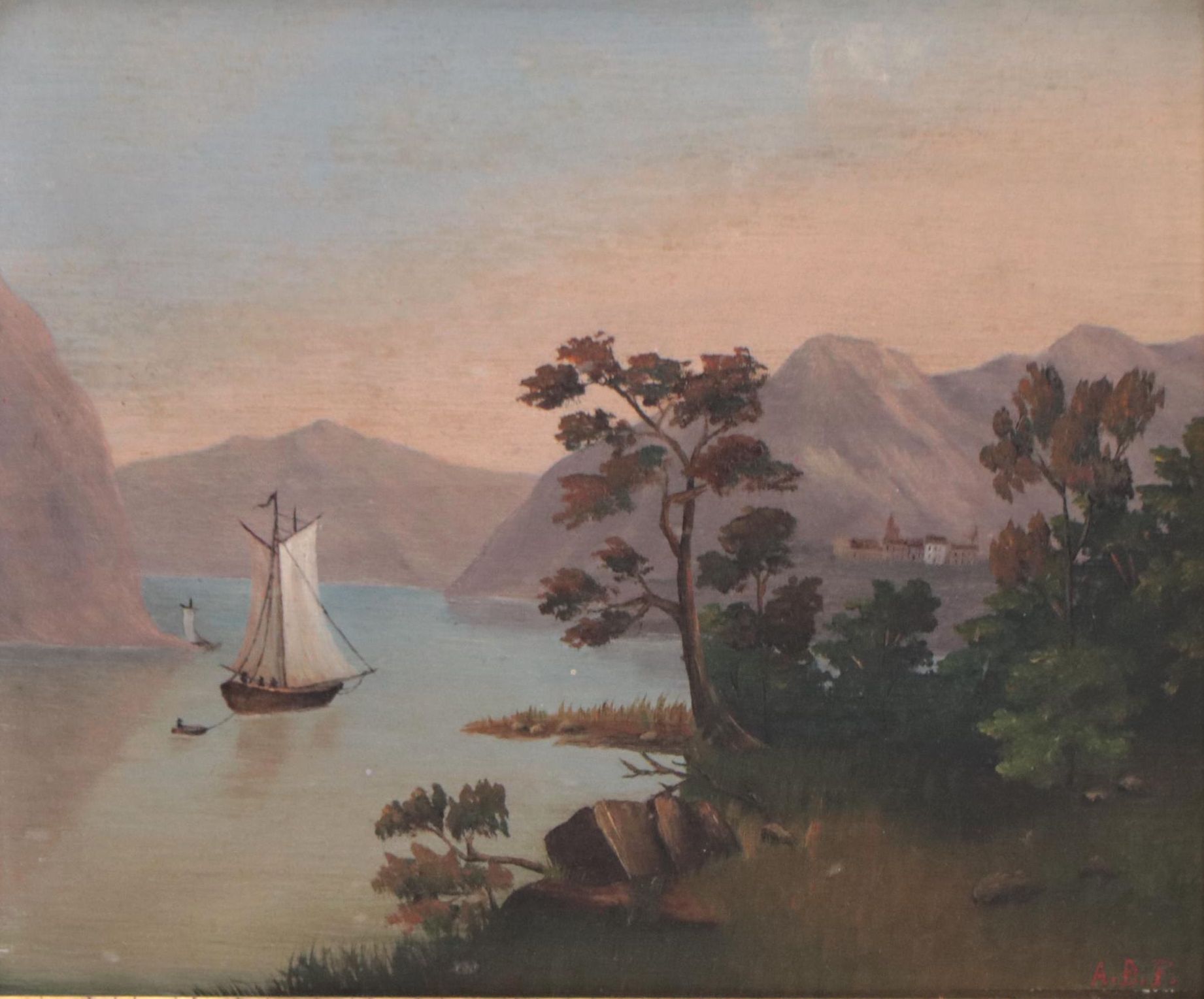 American School River Landscape with Boats Oil Painting, Circa 1900