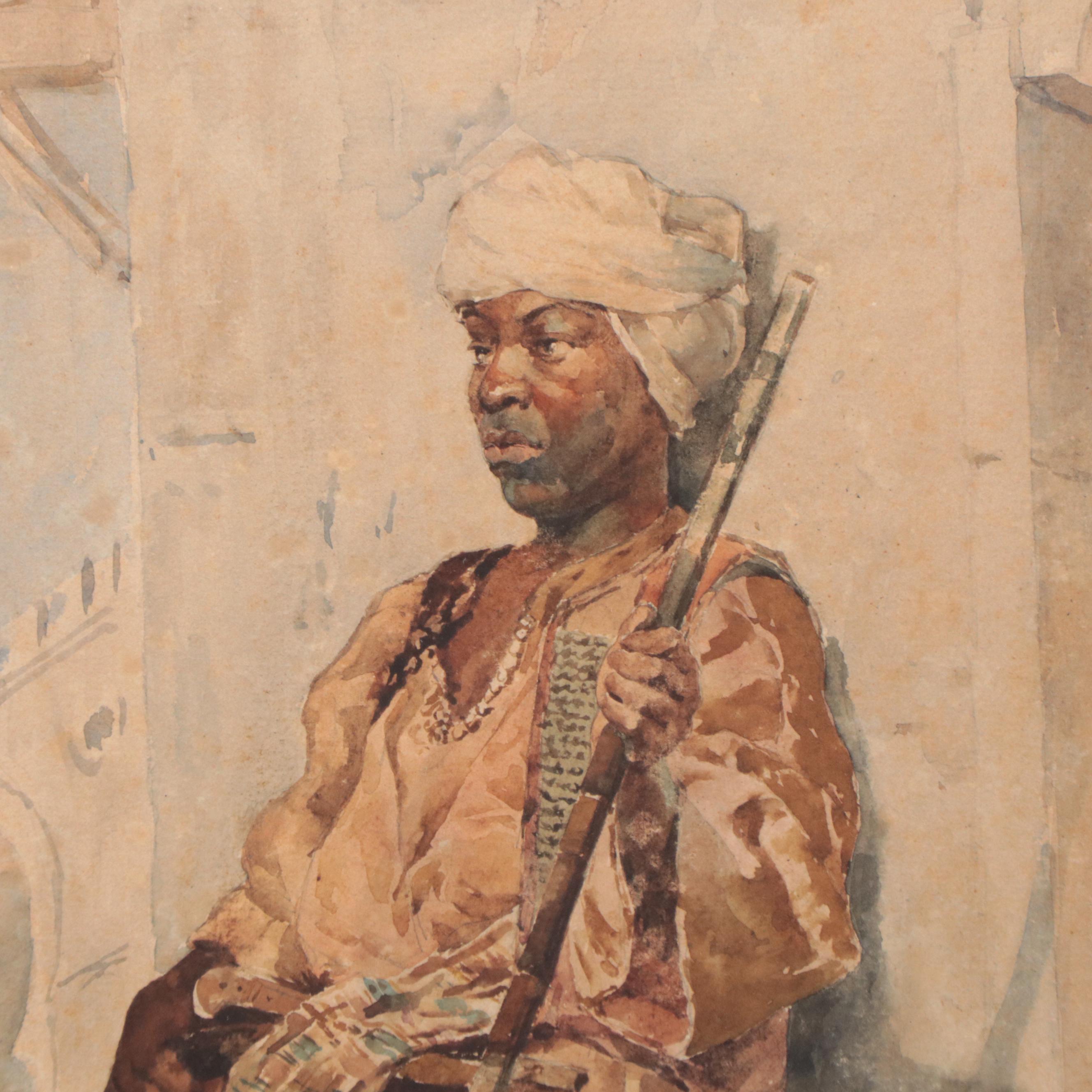 Edouardo Vitali Orientalist Watercolor Painting of Guard, Late 19th Century