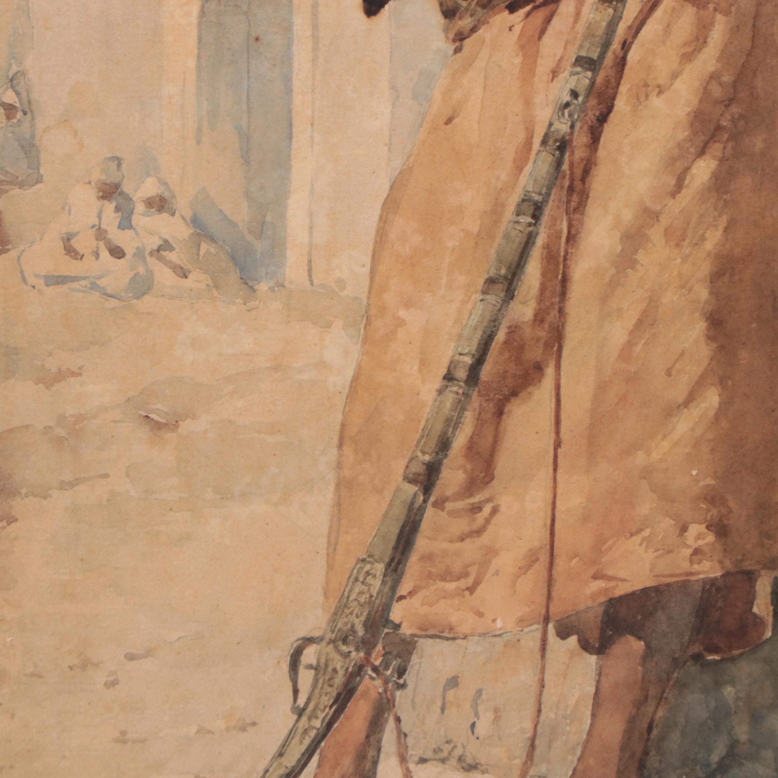 Edouardo Vitali Orientalist Watercolor Painting of Guard, Late 19th Century