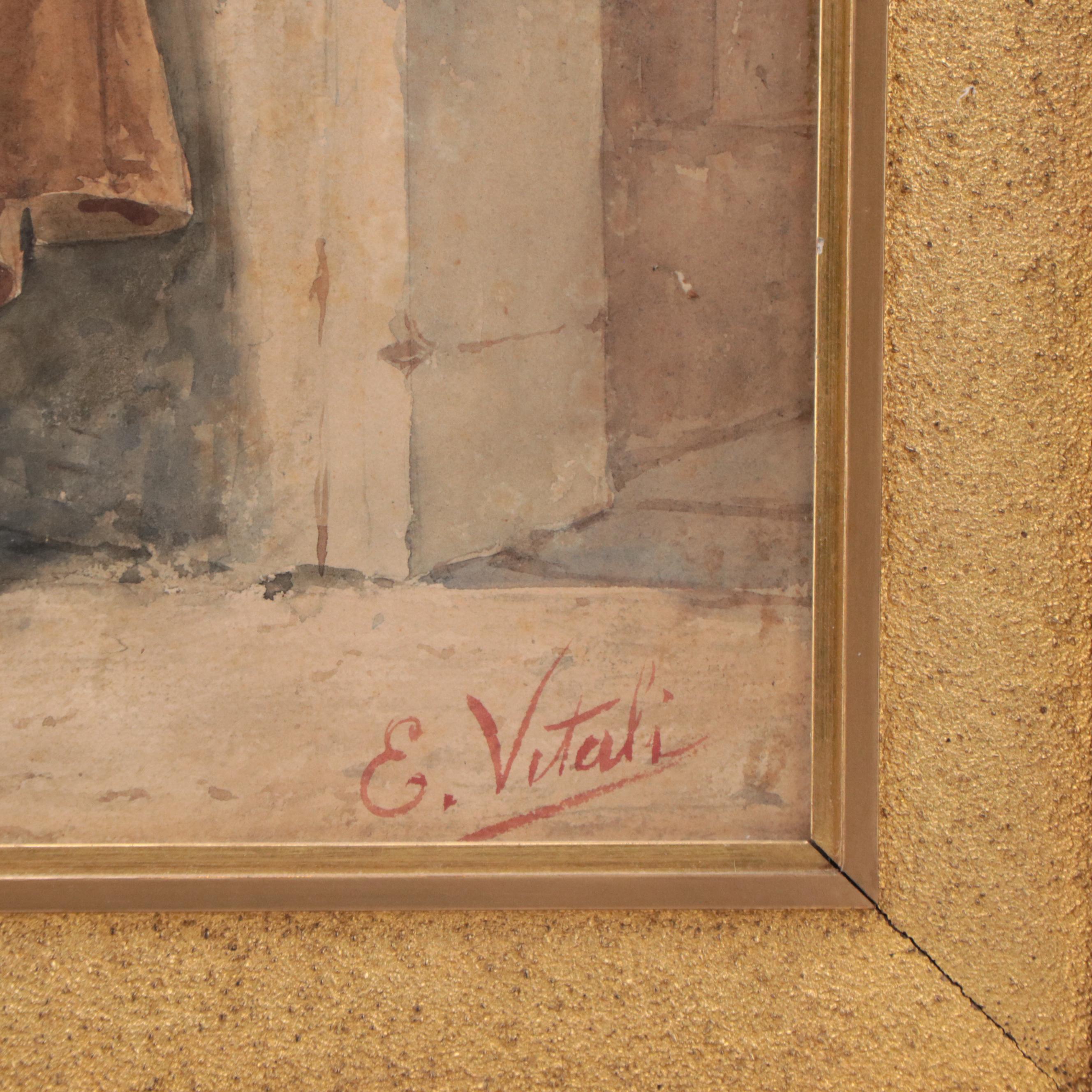 Edouardo Vitali Orientalist Watercolor Painting of Guard, Late 19th Century