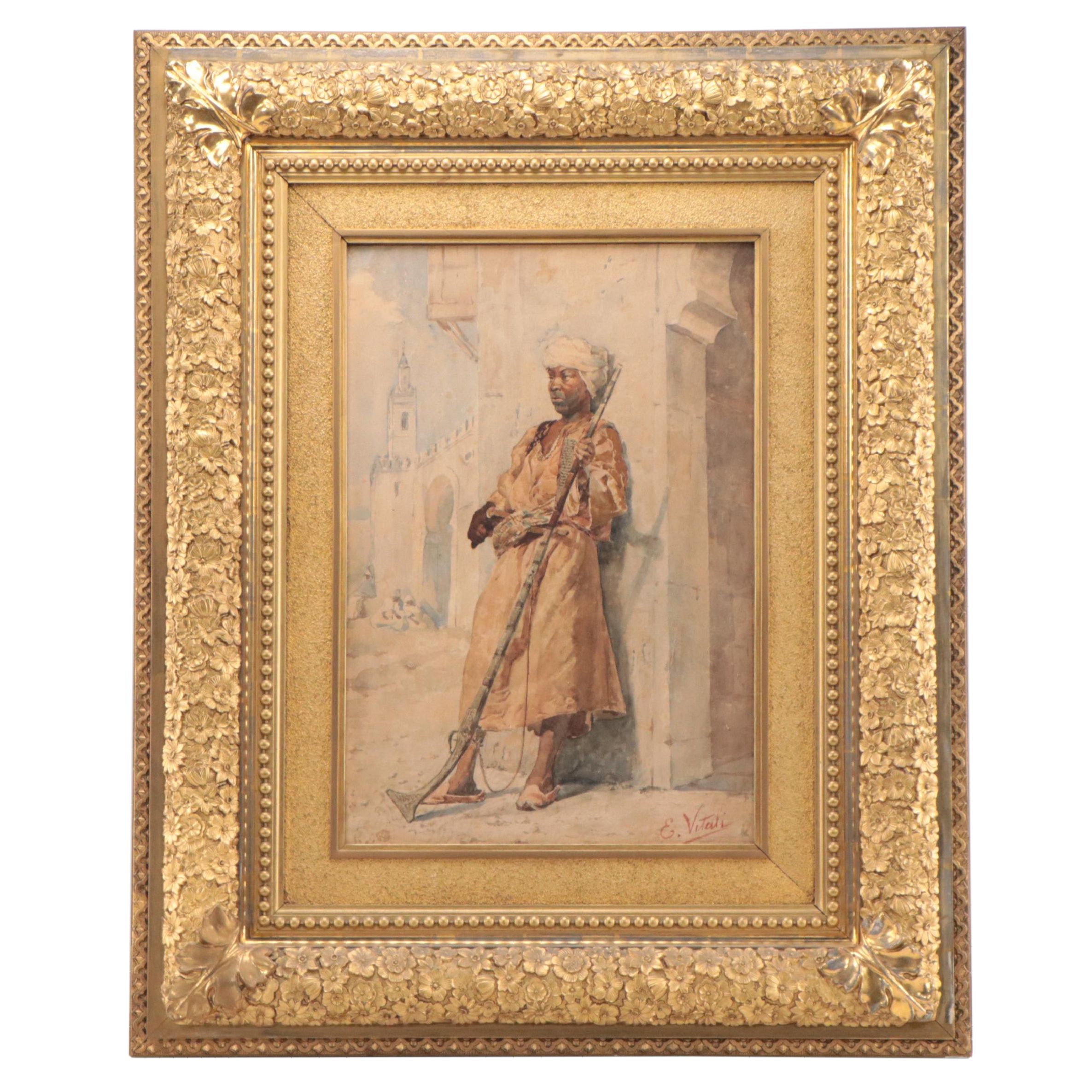 Edouardo Vitali Orientalist Watercolor Painting of Guard, Late 19th Century