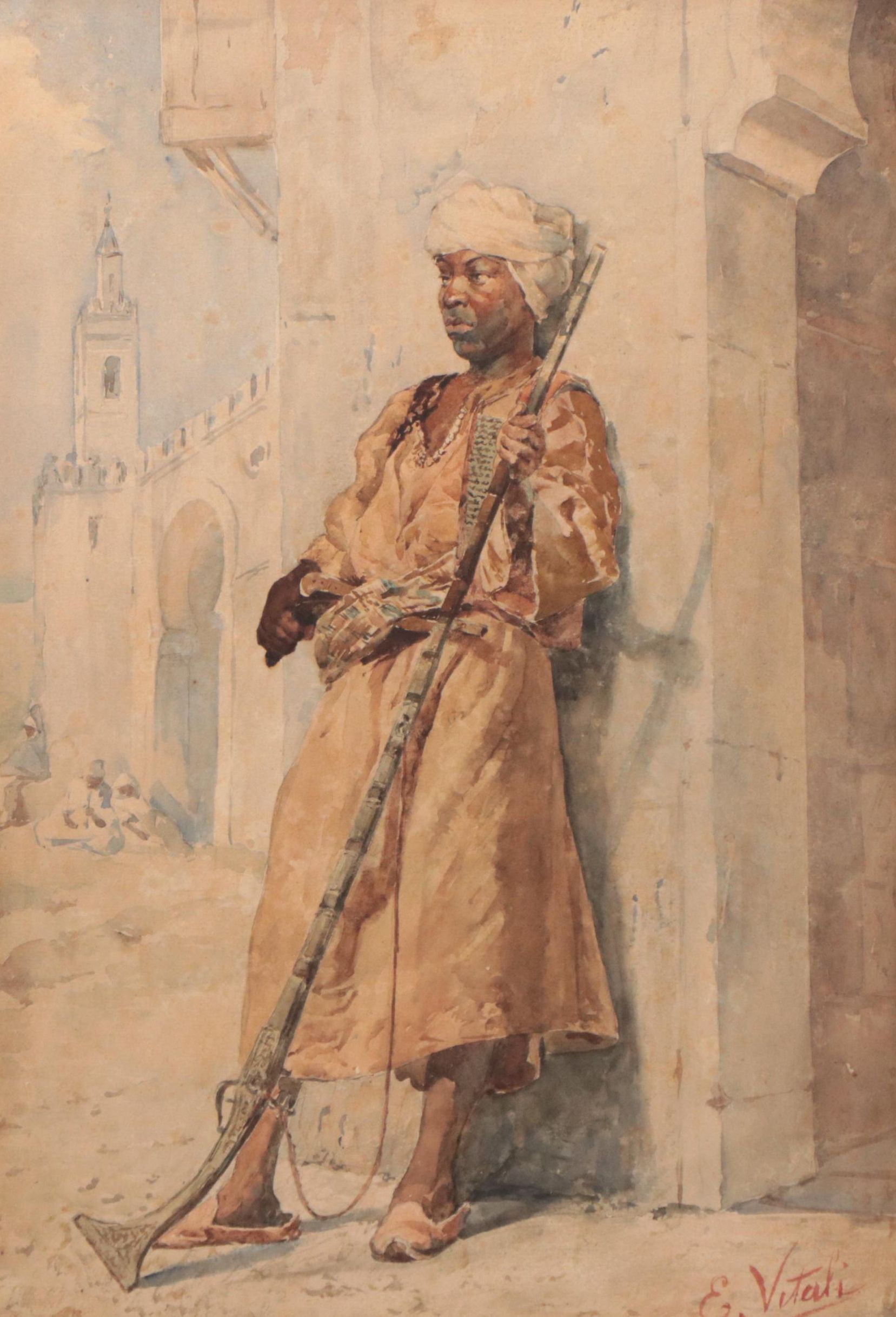Edouardo Vitali Orientalist Watercolor Painting of Guard, Late 19th Century