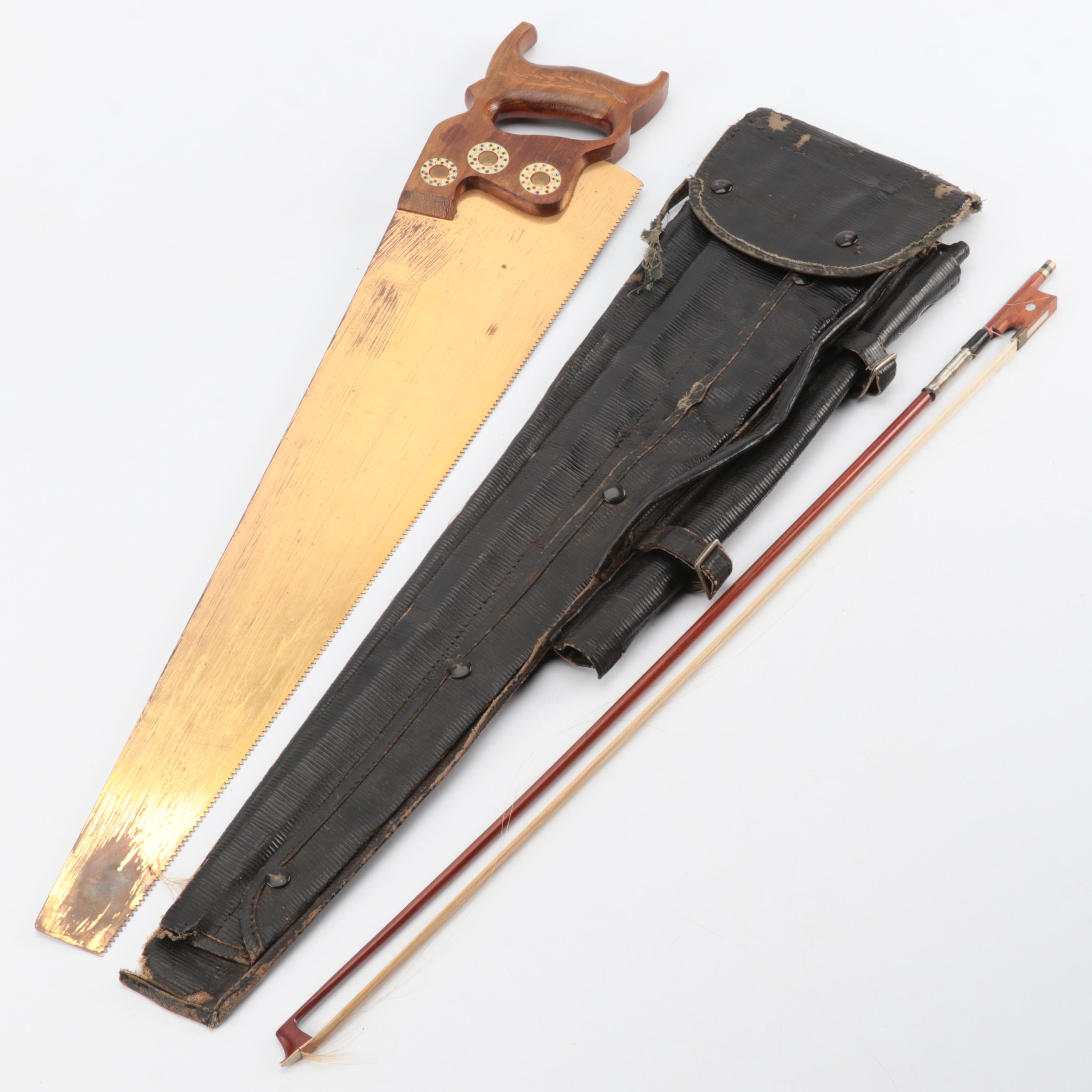 Brass Finished Metal Hand Saw With Mother of Pearl and Wood Bow