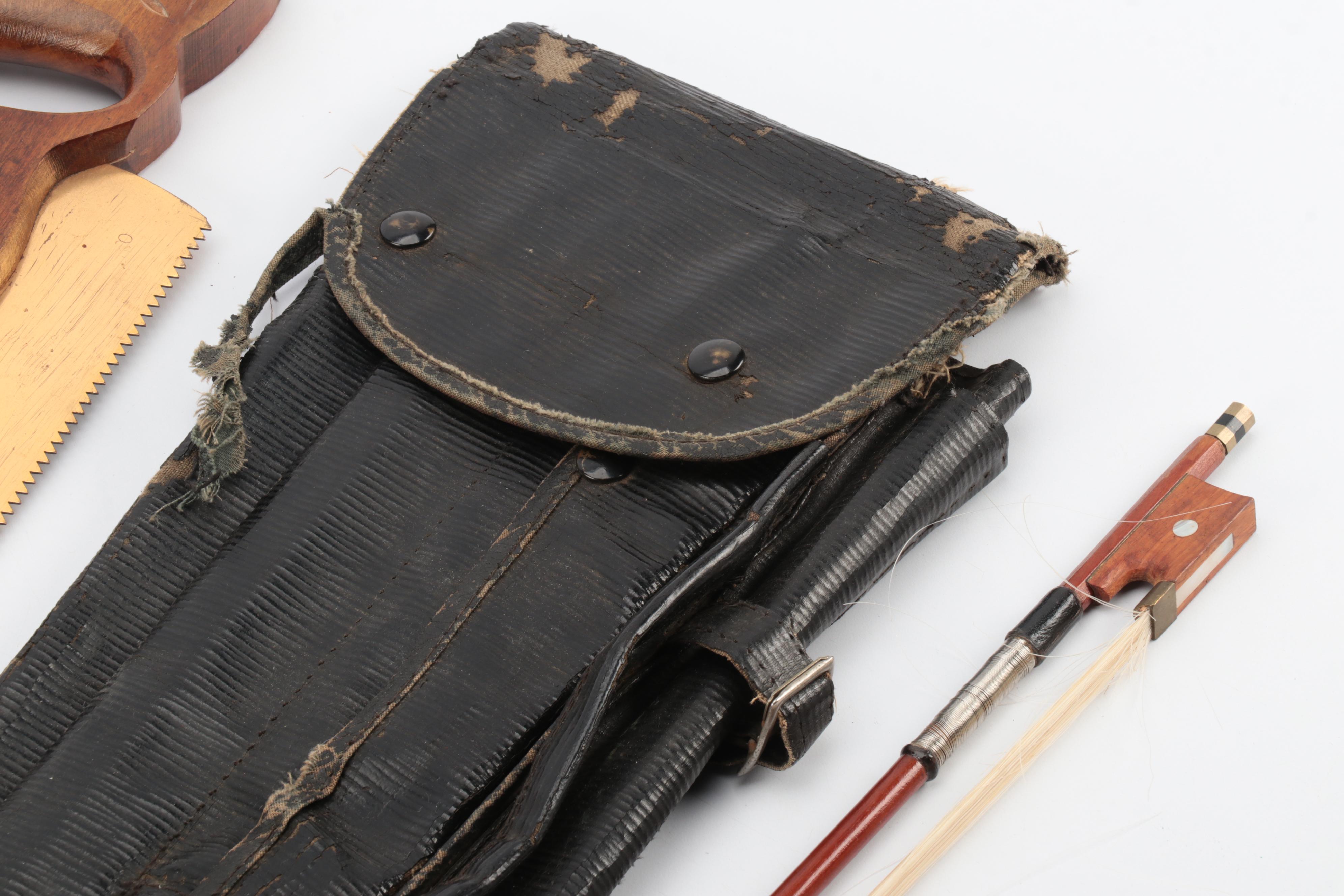 Brass Finished Metal Hand Saw With Mother of Pearl and Wood Bow