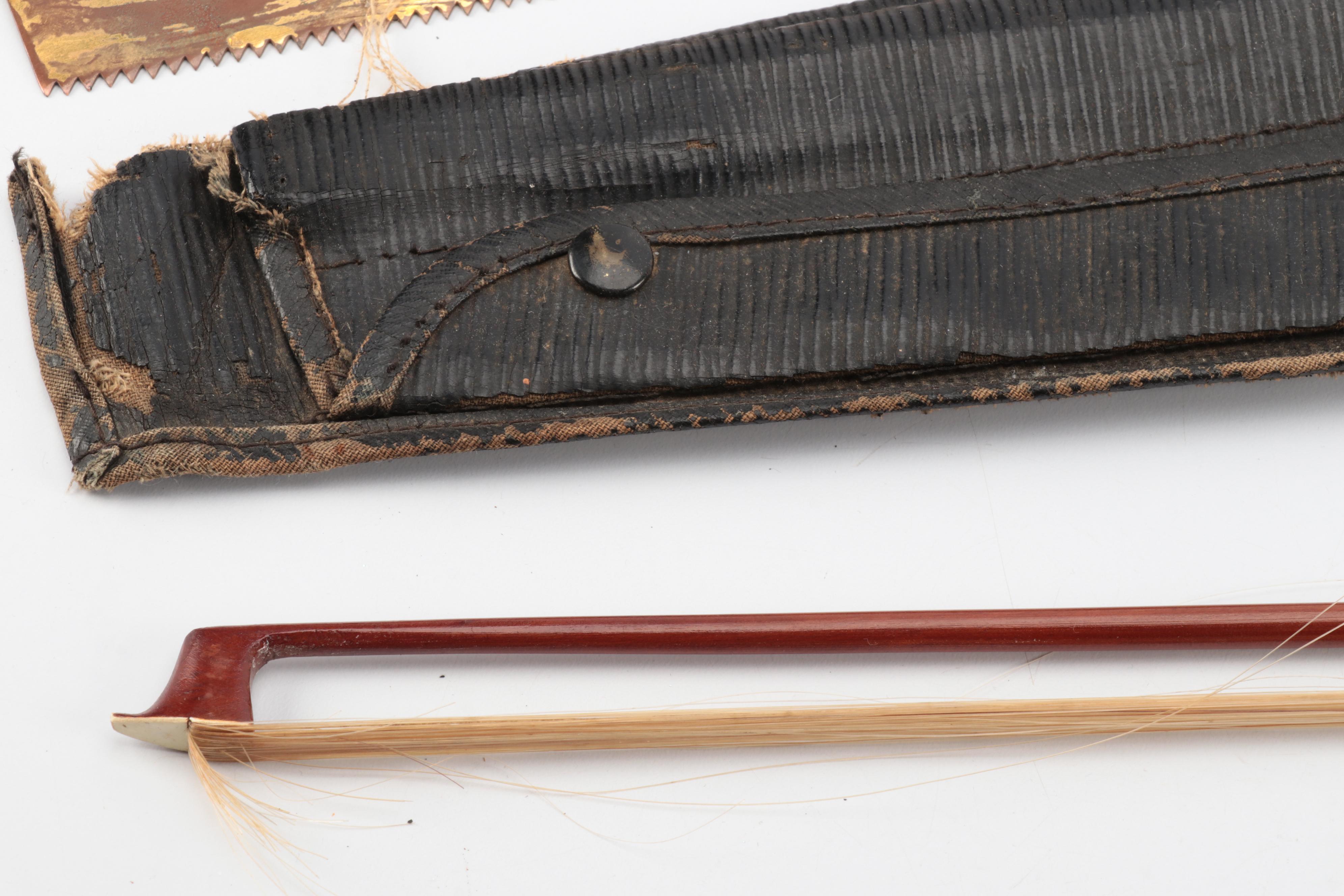 Brass Finished Metal Hand Saw With Mother of Pearl and Wood Bow