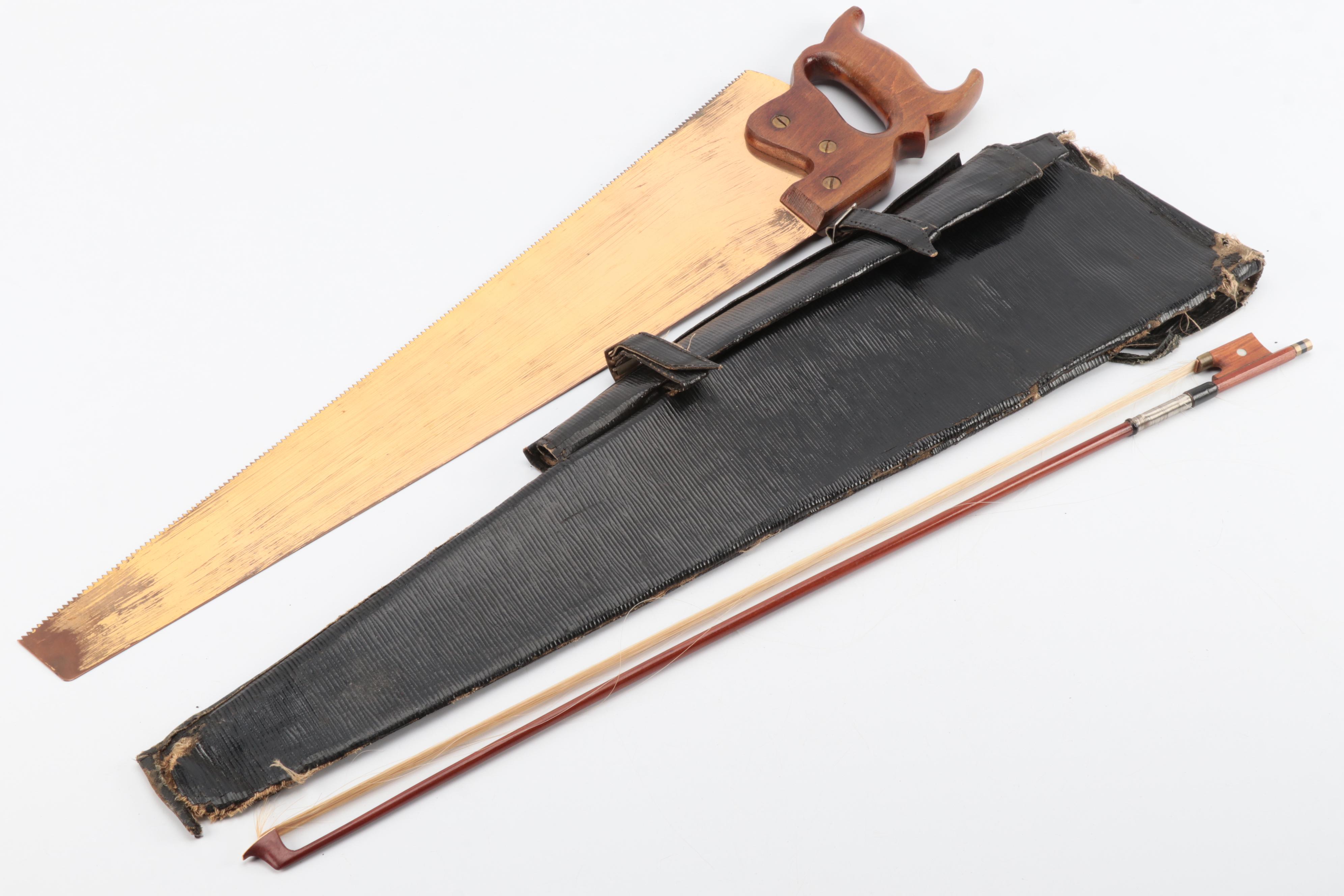 Brass Finished Metal Hand Saw With Mother of Pearl and Wood Bow