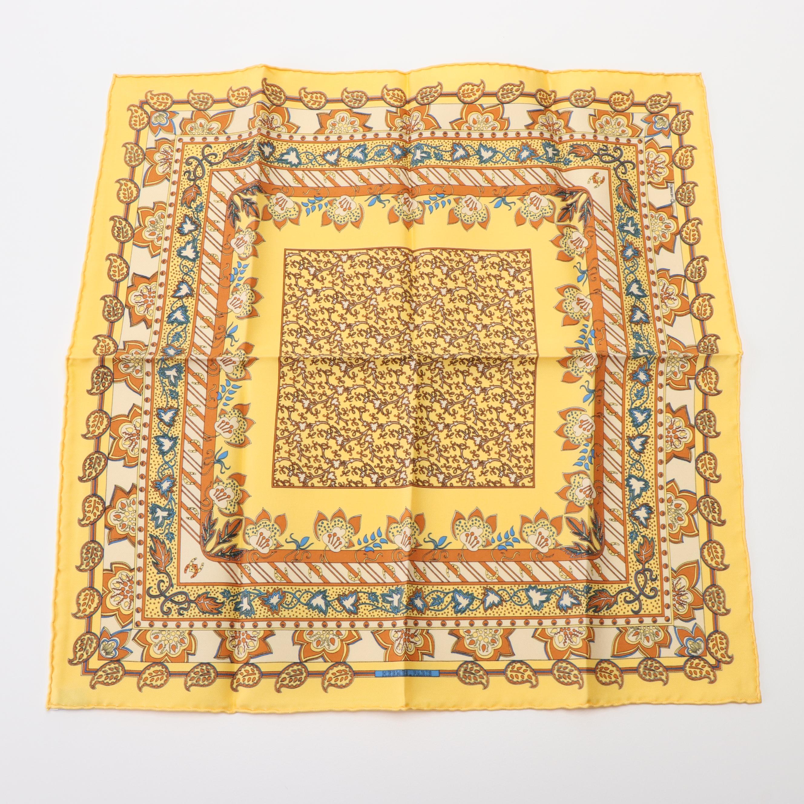Hermès Petite Carre "Chasse en Inde" Yellow Silk Scarf Handkerchief