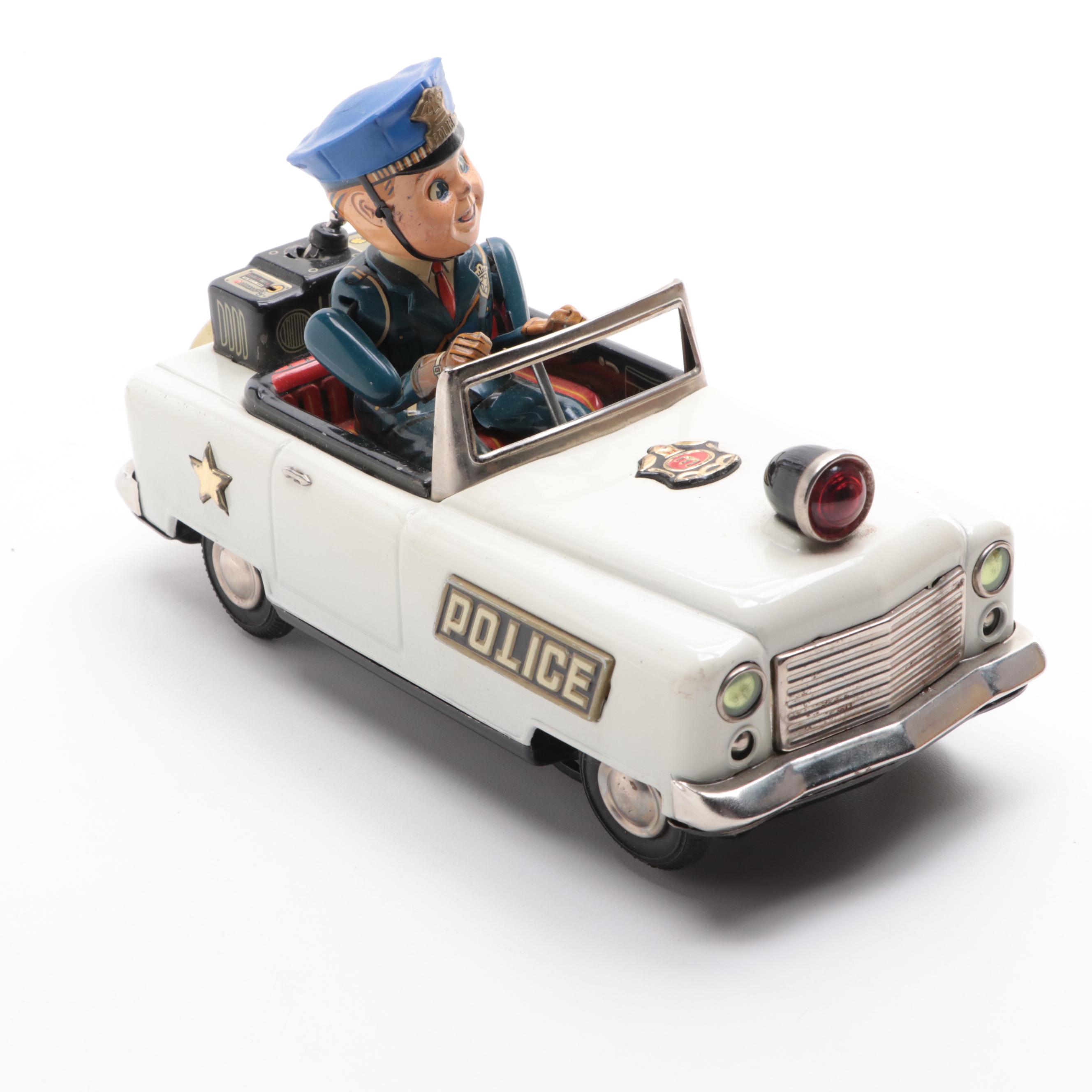 Tin Lithograph Battery Powered Police Car Toy, Mid-20th Century