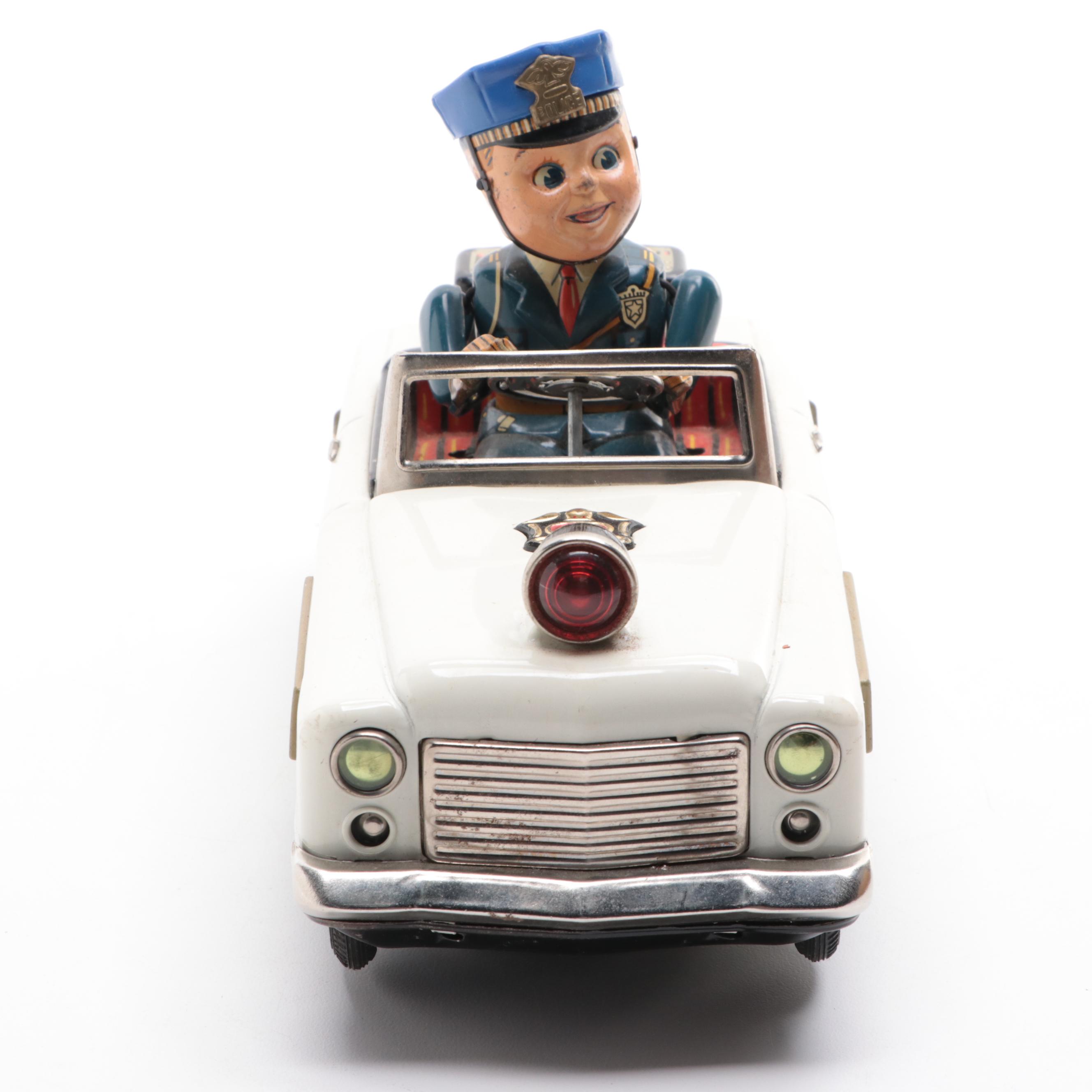 Tin Lithograph Battery Powered Police Car Toy, Mid-20th Century