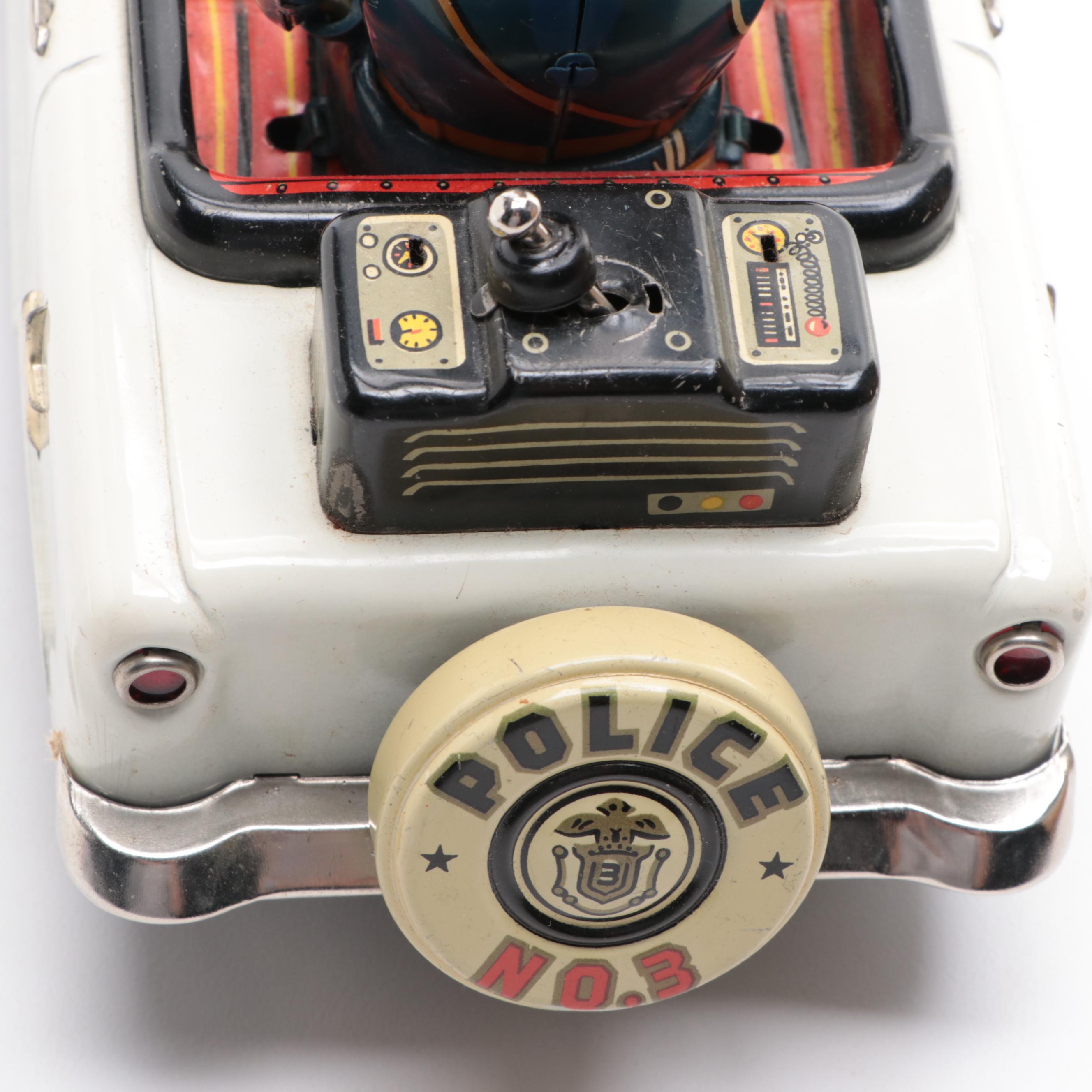 Tin Lithograph Battery Powered Police Car Toy, Mid-20th Century