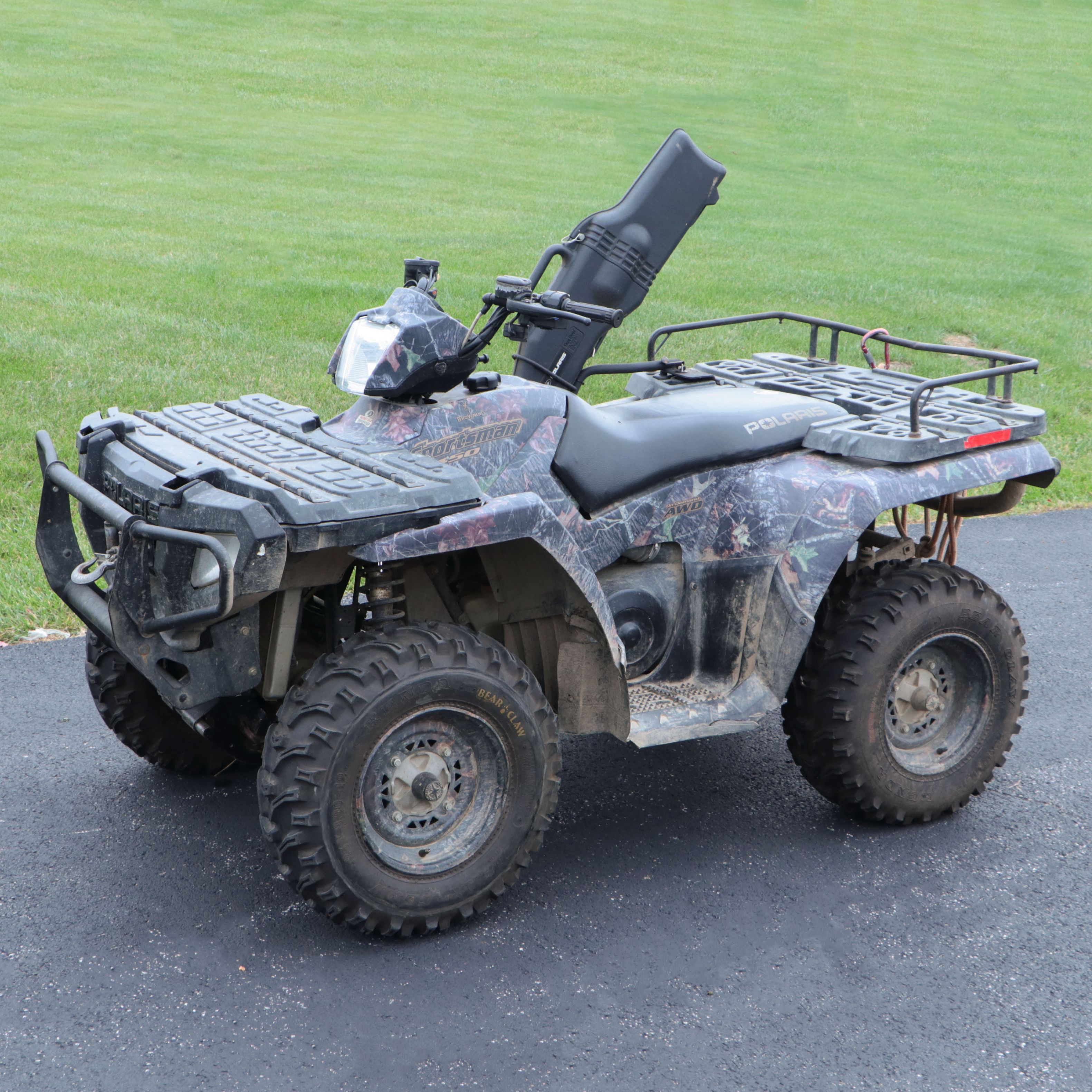 2006 Polaris Sportsman 450 ATV in Camo with Ramps, Snow Plow, and Accessories