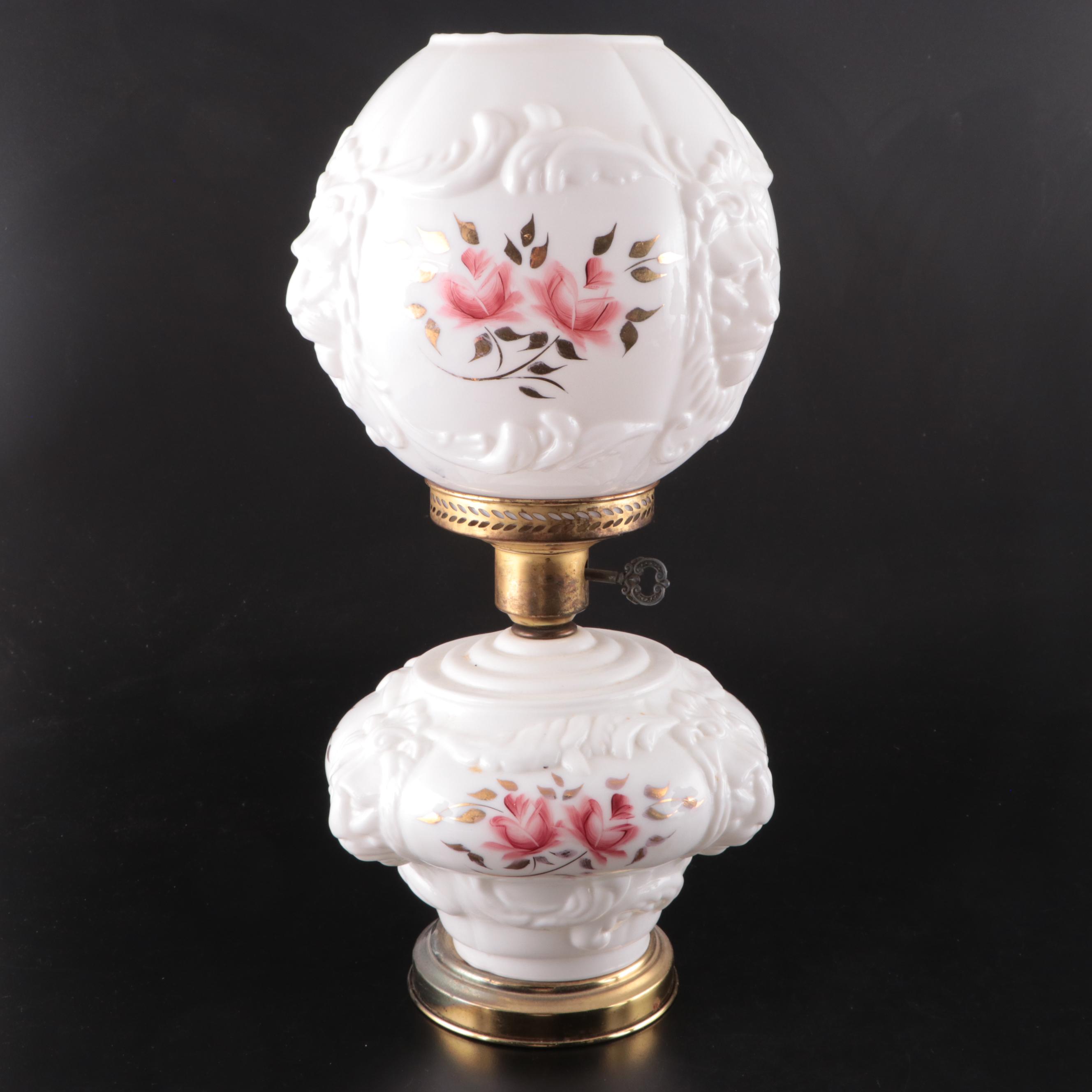 Victorian Style Hand-Painted Pressed Milk Glass With Aladdin Brass Table lamp