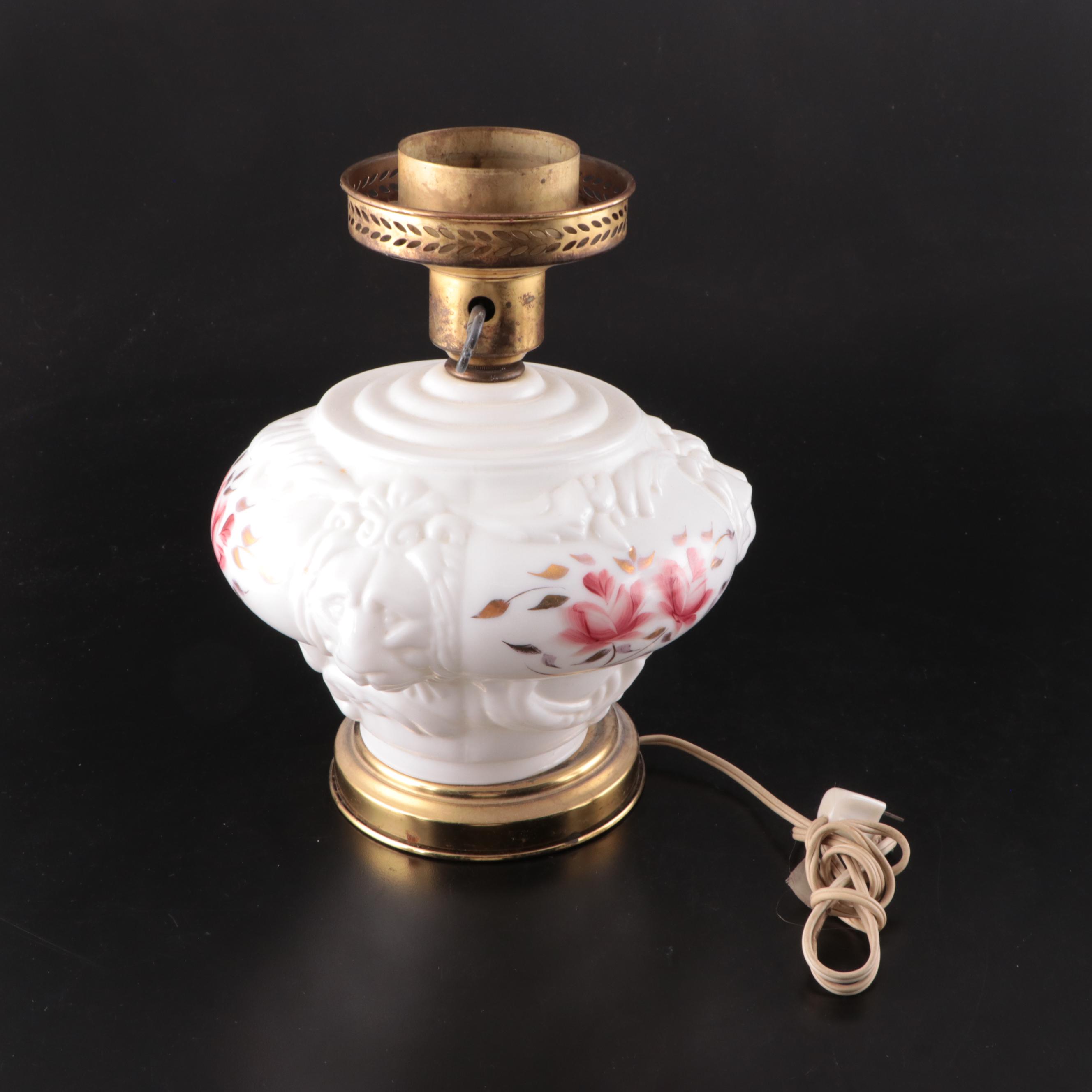Victorian Style Hand-Painted Pressed Milk Glass With Aladdin Brass Table lamp