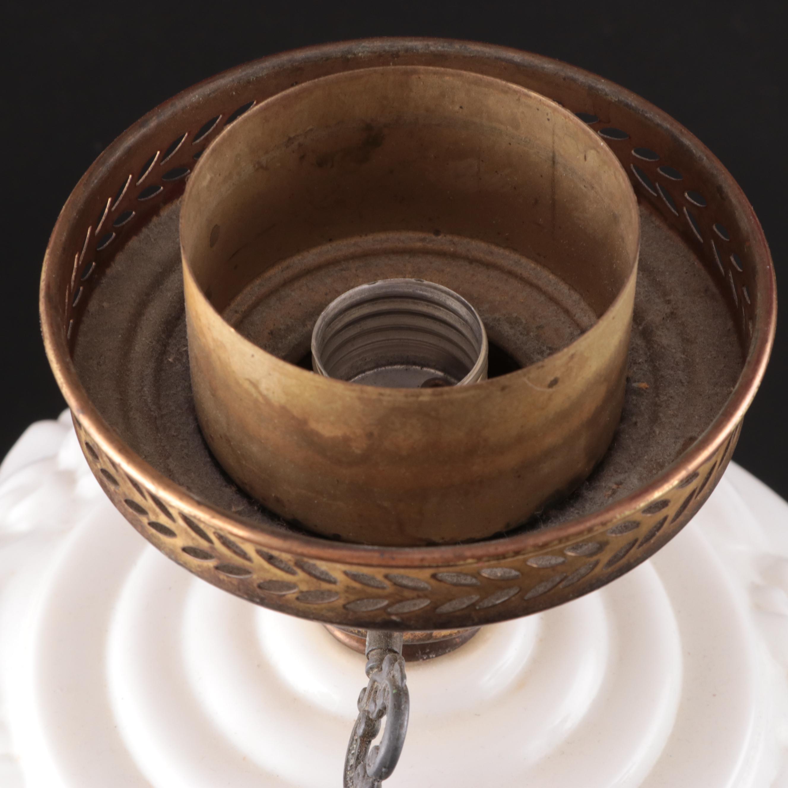 Victorian Style Hand-Painted Pressed Milk Glass With Aladdin Brass Table lamp