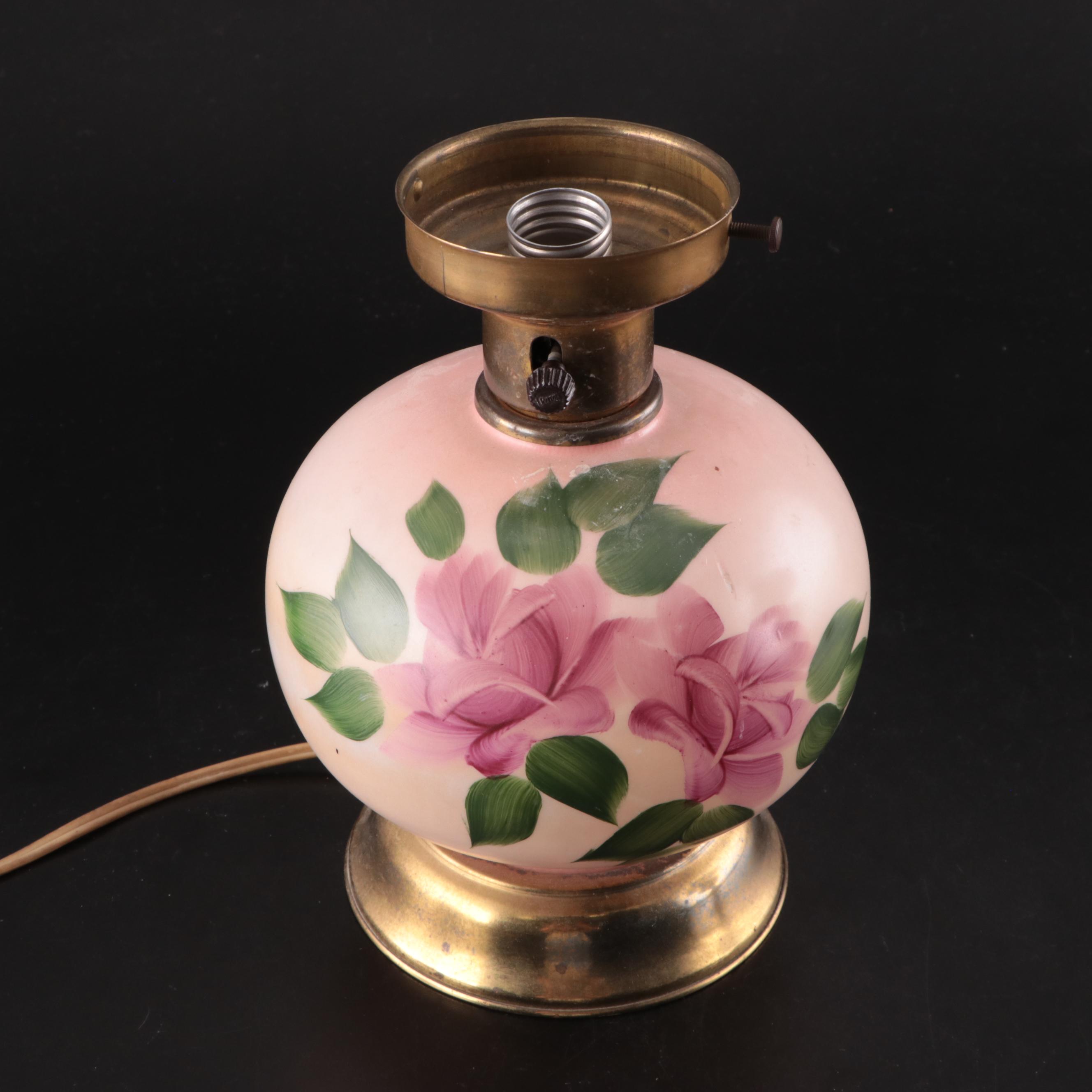 Victorian Style Hand-Painted Pressed Milk Glass With Aladdin Brass Table lamp