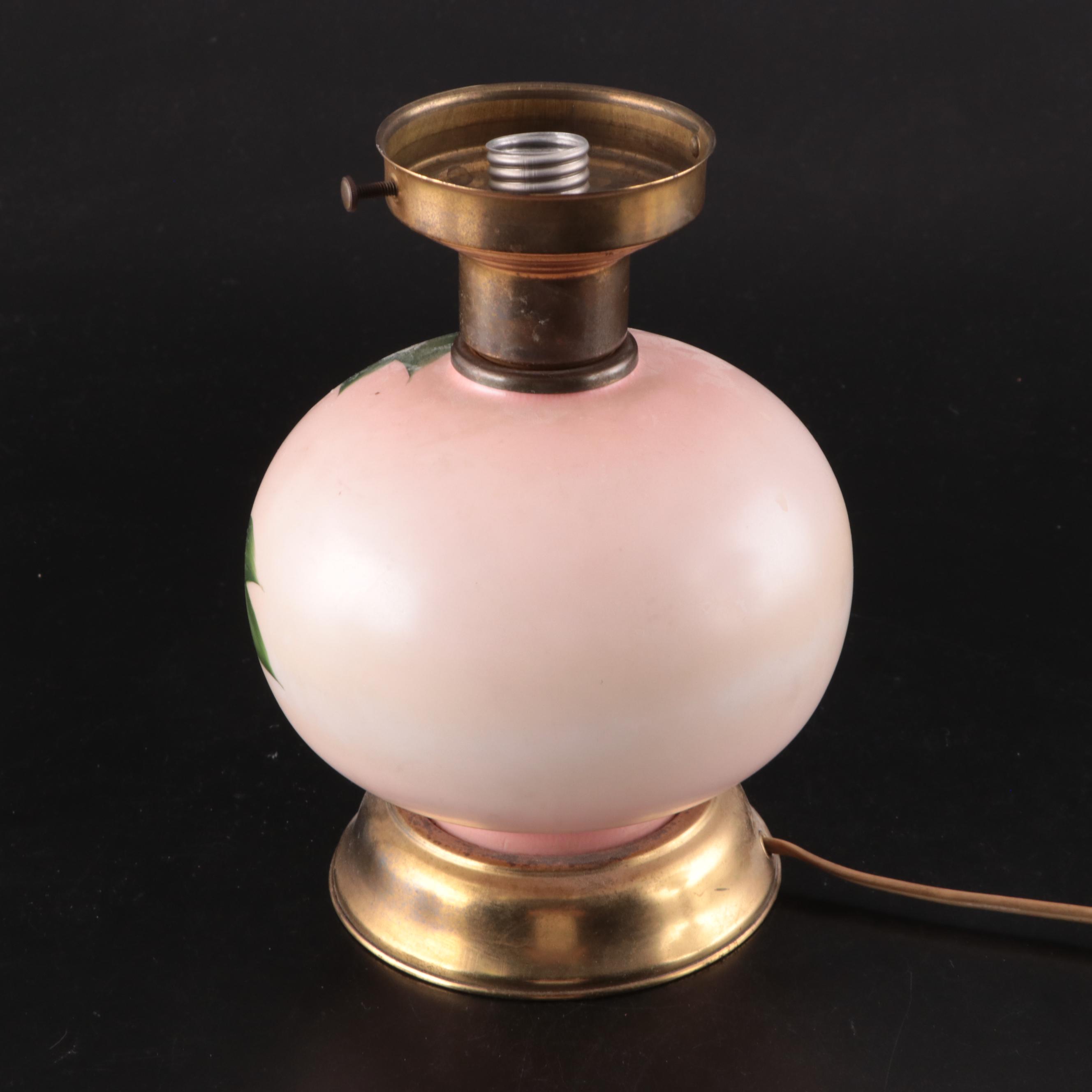 Victorian Style Hand-Painted Pressed Milk Glass With Aladdin Brass Table lamp