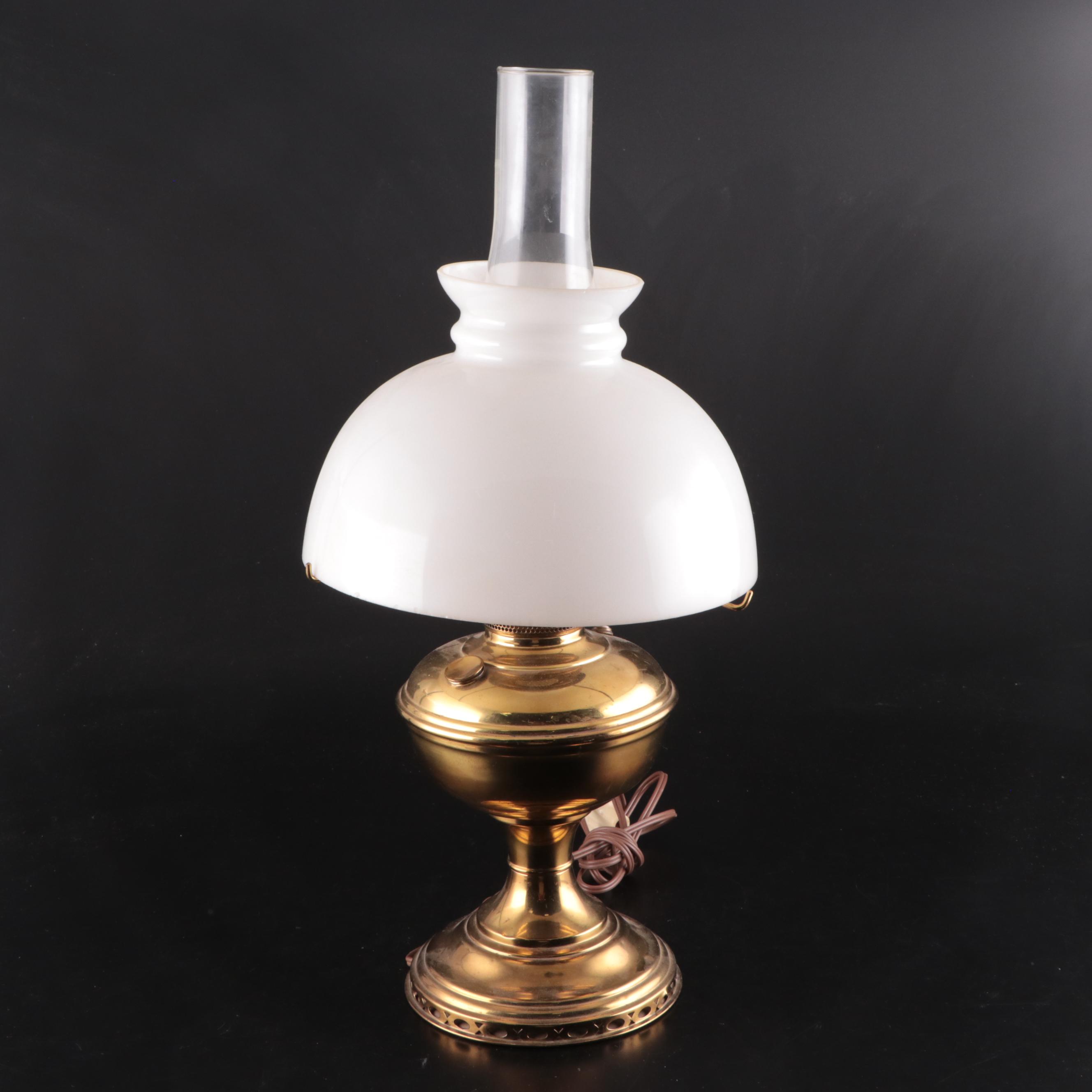 Victorian Style Hand-Painted Pressed Milk Glass With Aladdin Brass Table lamp
