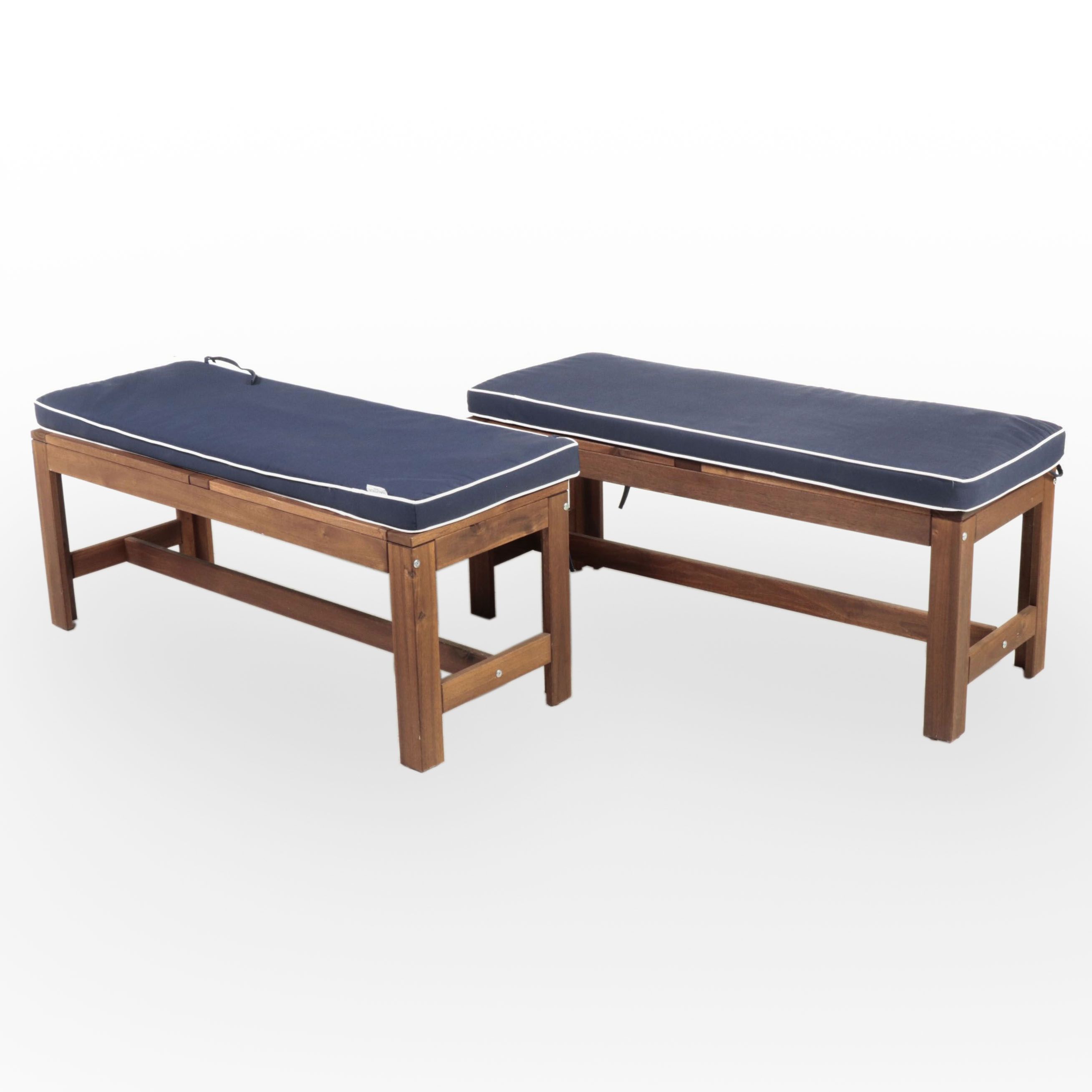 Pair of IKEA "Äpplarö" Acacia Benches with Nautica Home Cushions