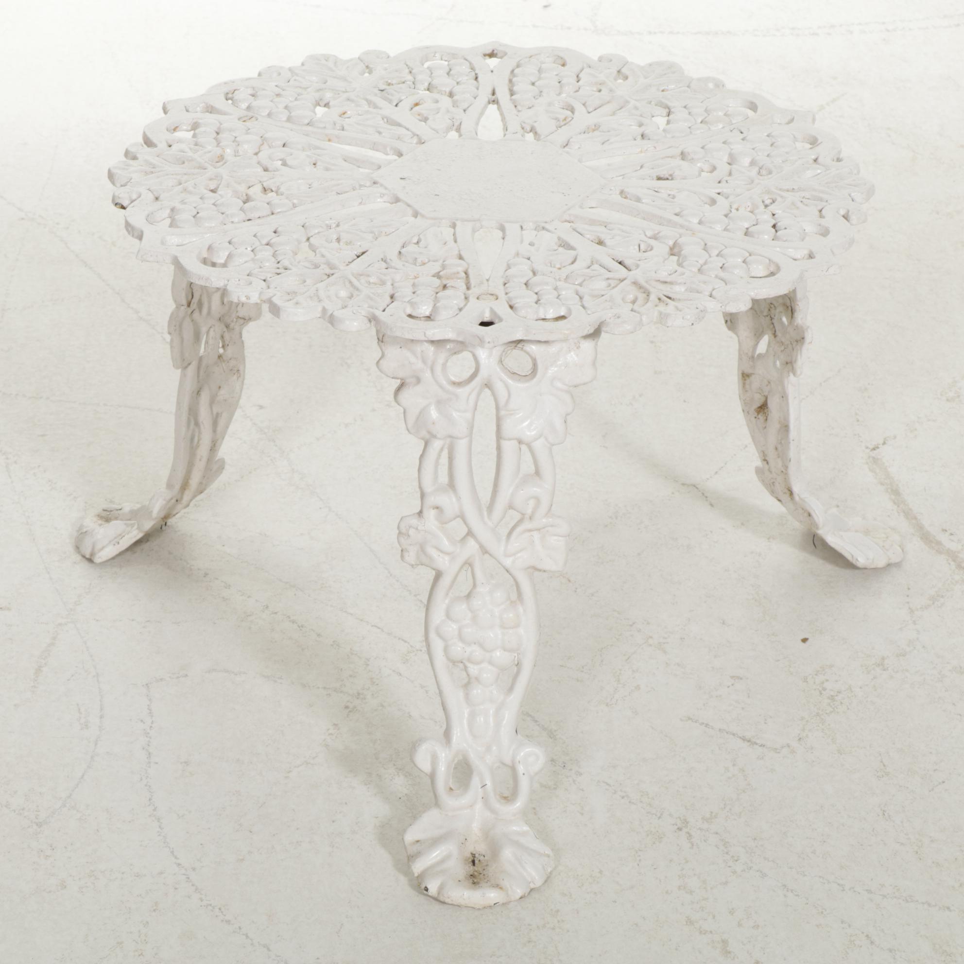 Victorian Style White Painted Cast Iron Patio Bench, Chair, and Accent Table