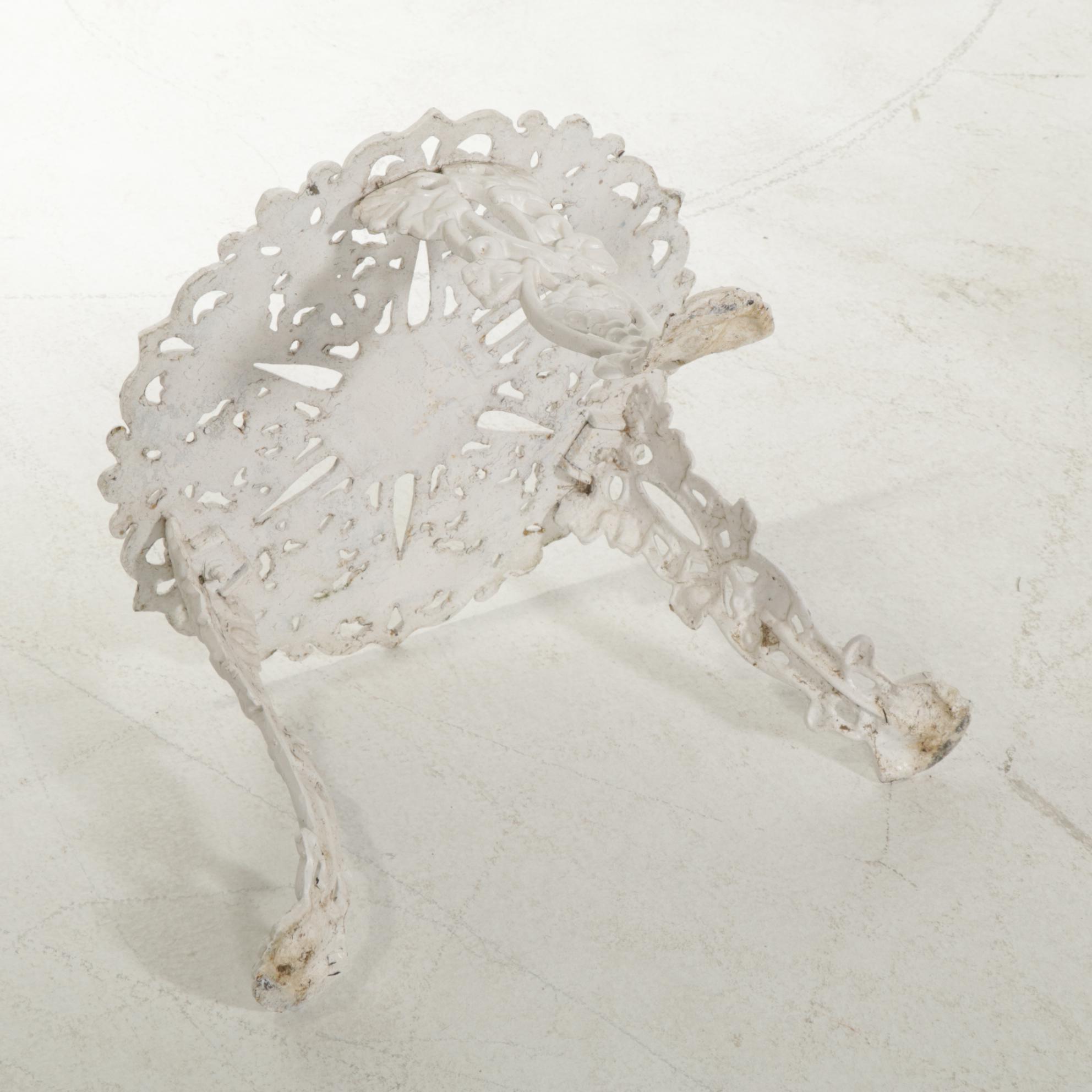 Victorian Style White Painted Cast Iron Patio Bench, Chair, and Accent Table