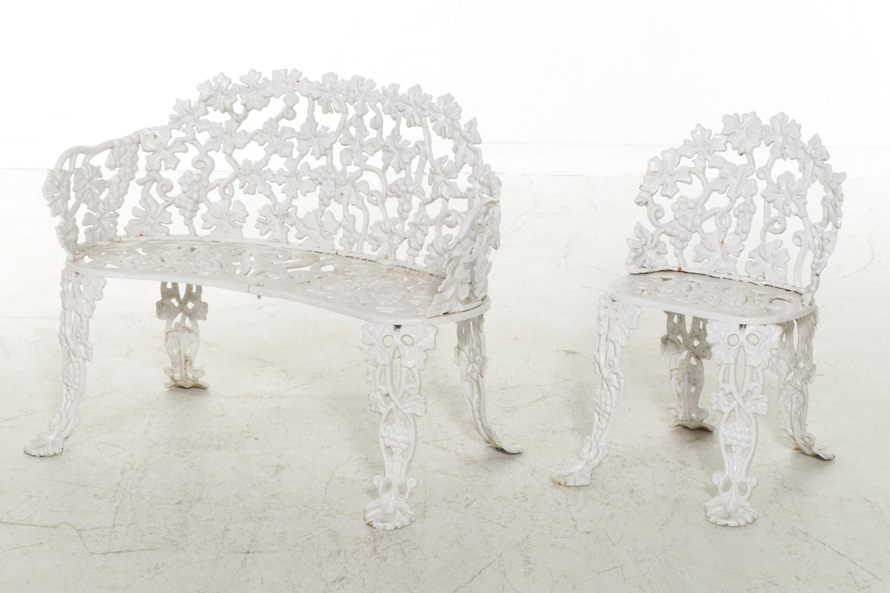 Victorian Style White Painted Cast Iron Patio Bench, Chair, and Accent Table