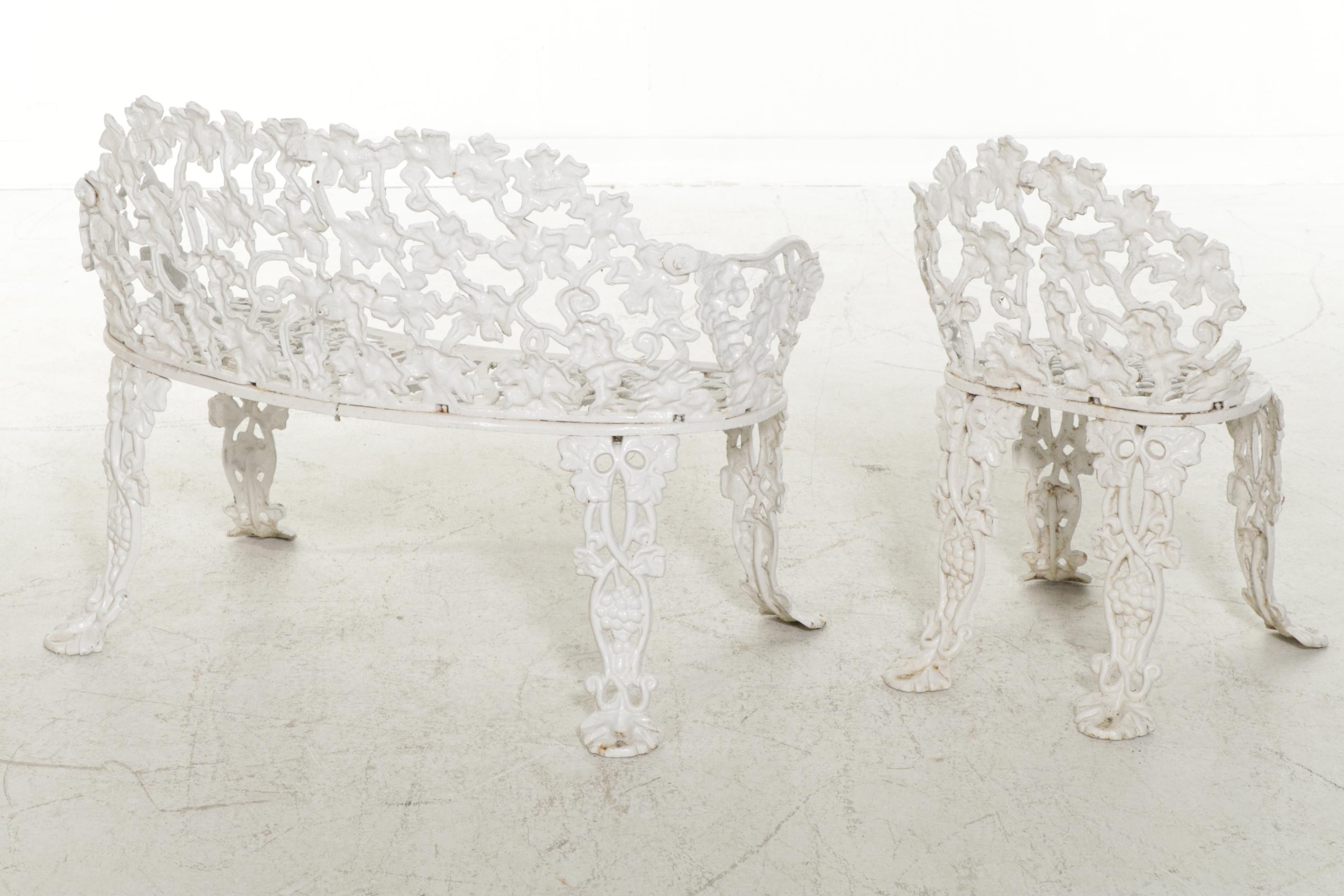 Victorian Style White Painted Cast Iron Patio Bench, Chair, and Accent Table