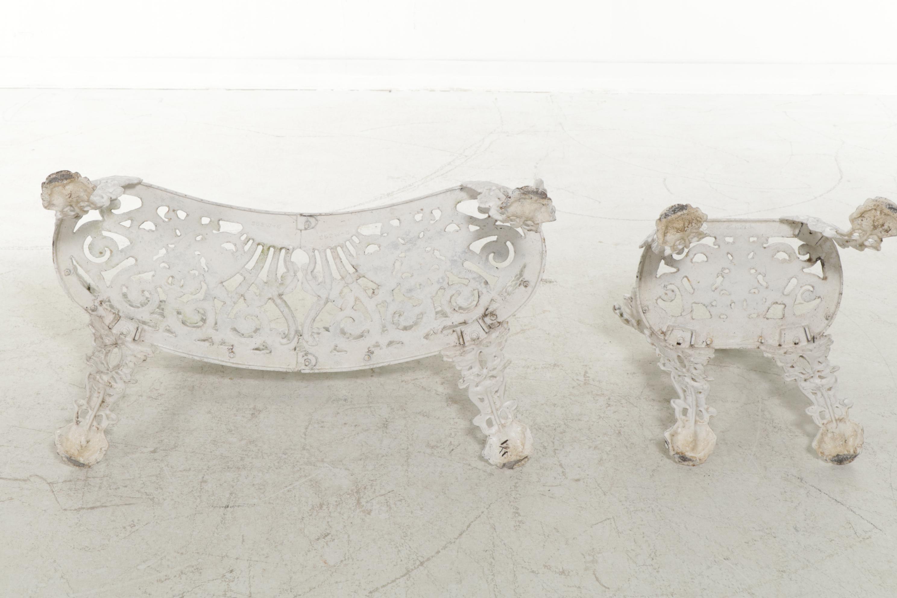 Victorian Style White Painted Cast Iron Patio Bench, Chair, and Accent Table