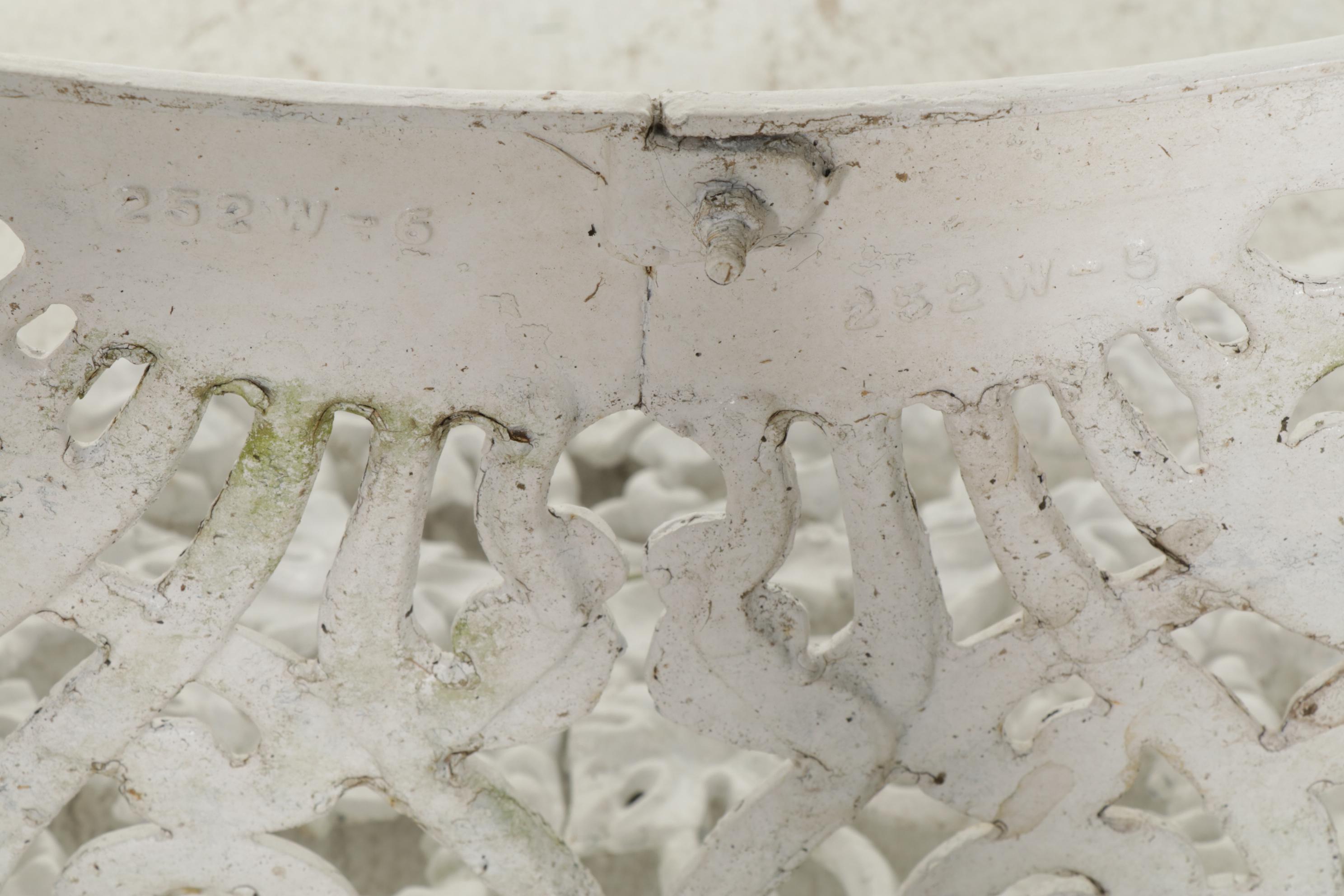 Victorian Style White Painted Cast Iron Patio Bench, Chair, and Accent Table
