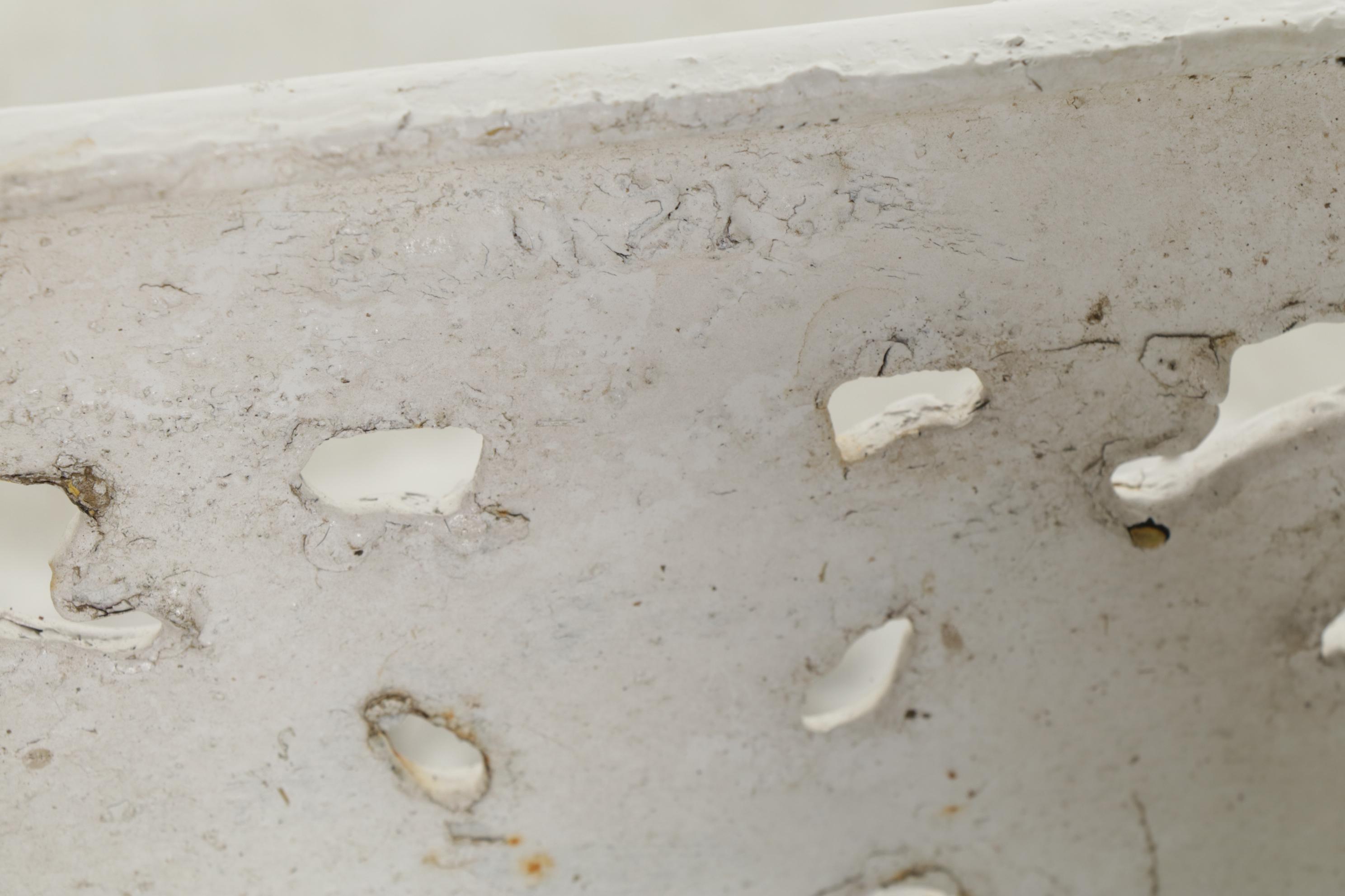 Victorian Style White Painted Cast Iron Patio Bench, Chair, and Accent Table
