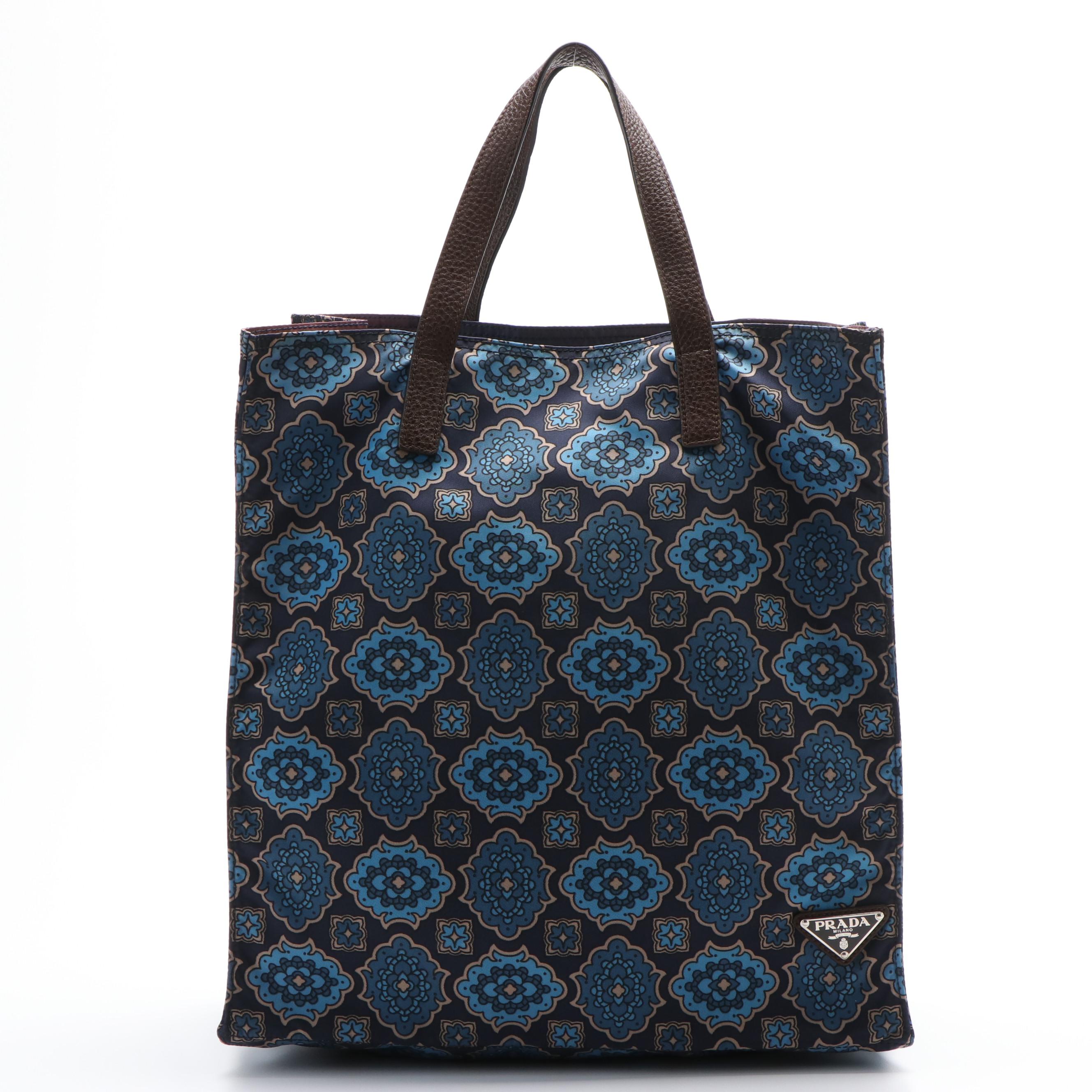 Prada Paisley Tote Handbag in Navy and Beige Nylon