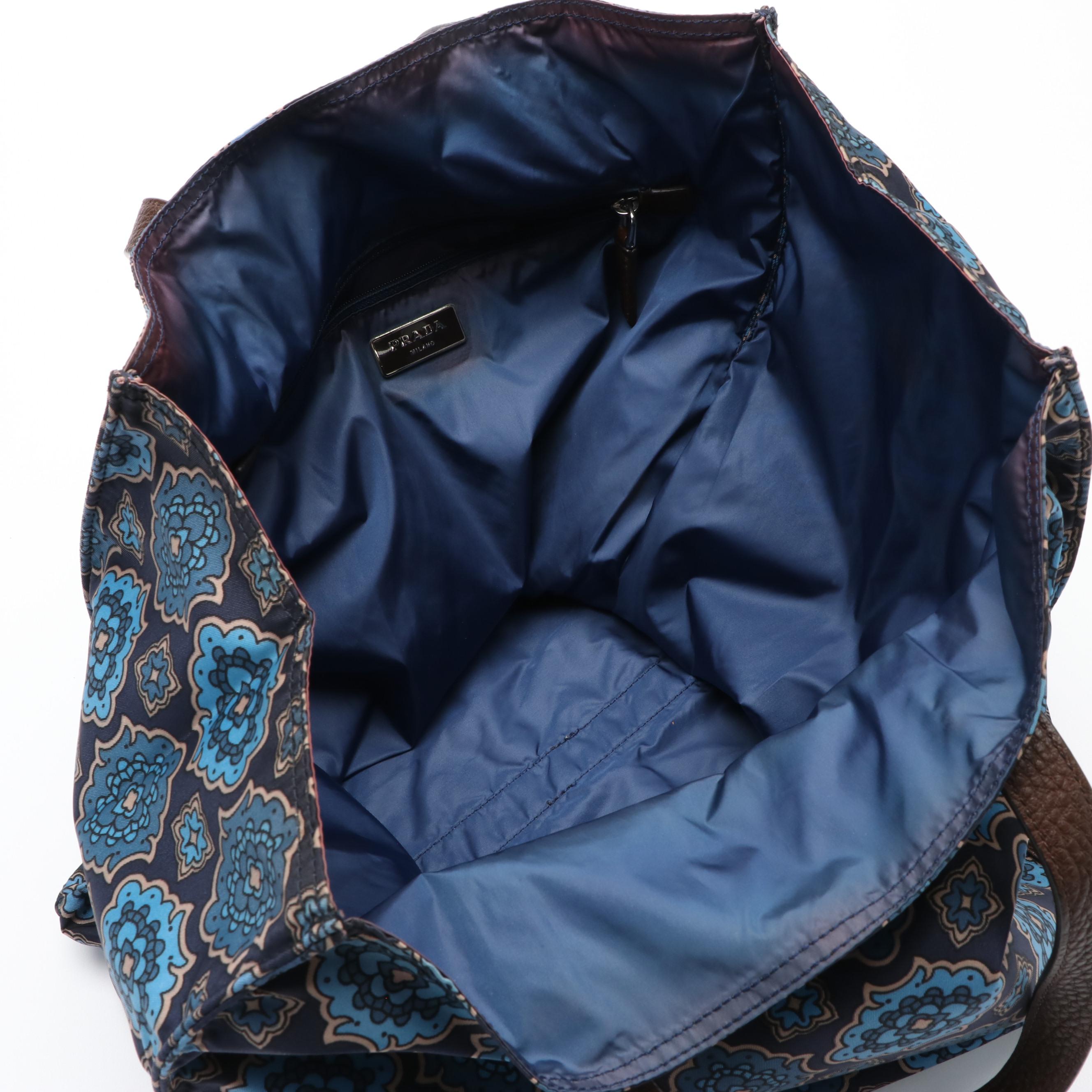 Prada Paisley Tote Handbag in Navy and Beige Nylon