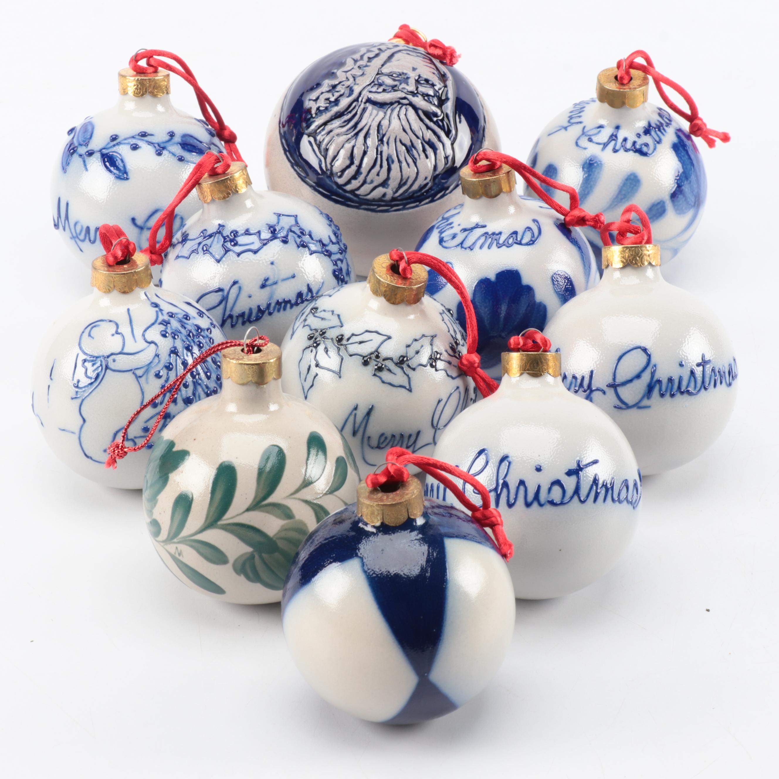 Rowe Pottery Works and Other Blue and White Stoneware Christmas Ornaments