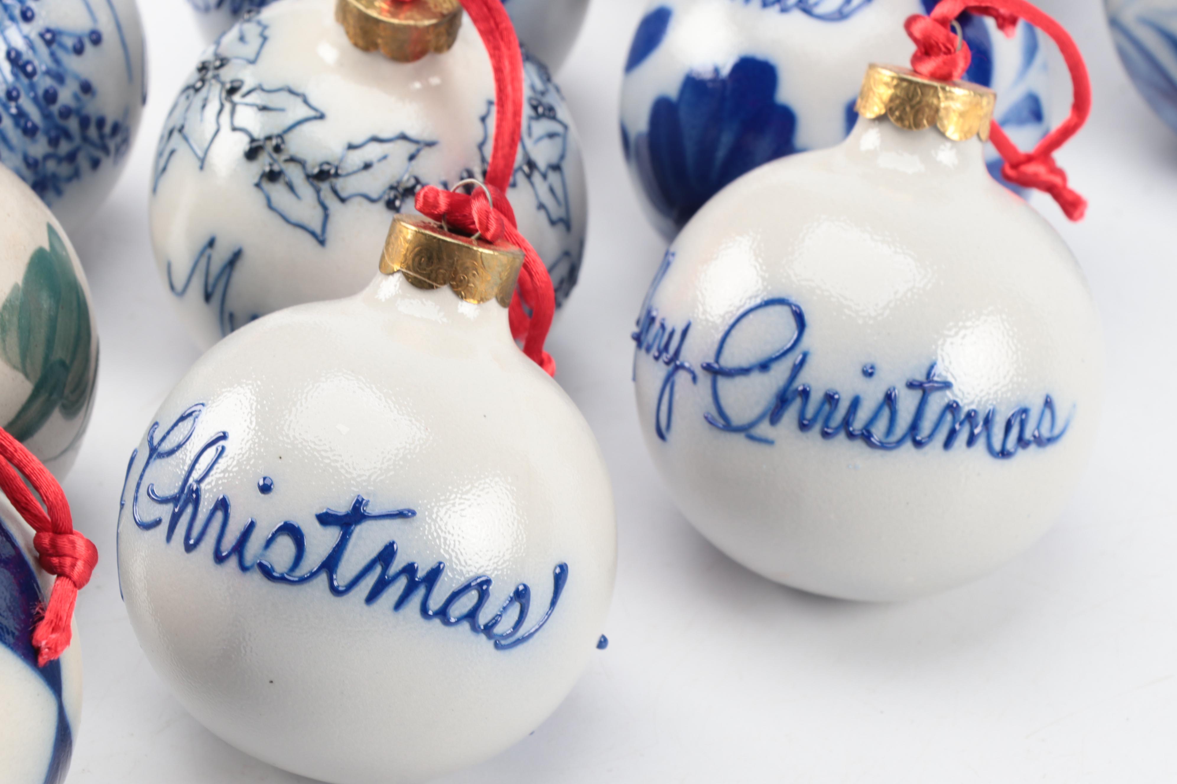 Rowe Pottery Works and Other Blue and White Stoneware Christmas Ornaments