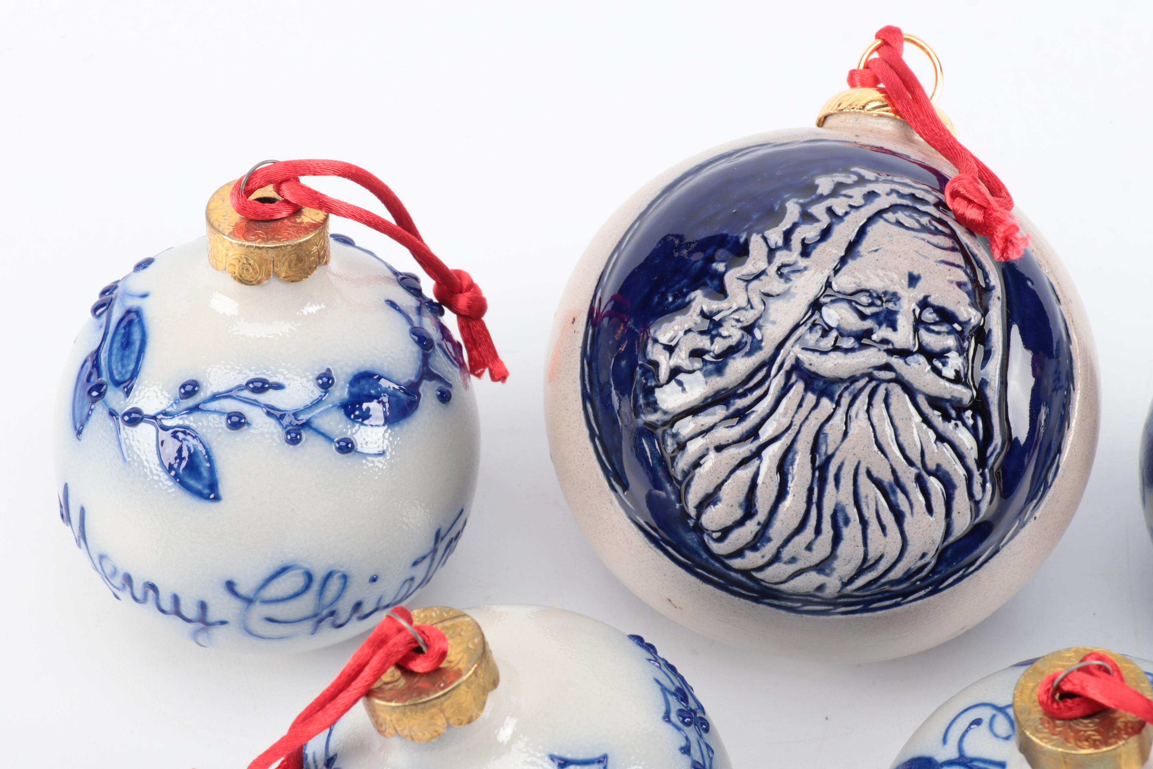 Rowe Pottery Works and Other Blue and White Stoneware Christmas Ornaments