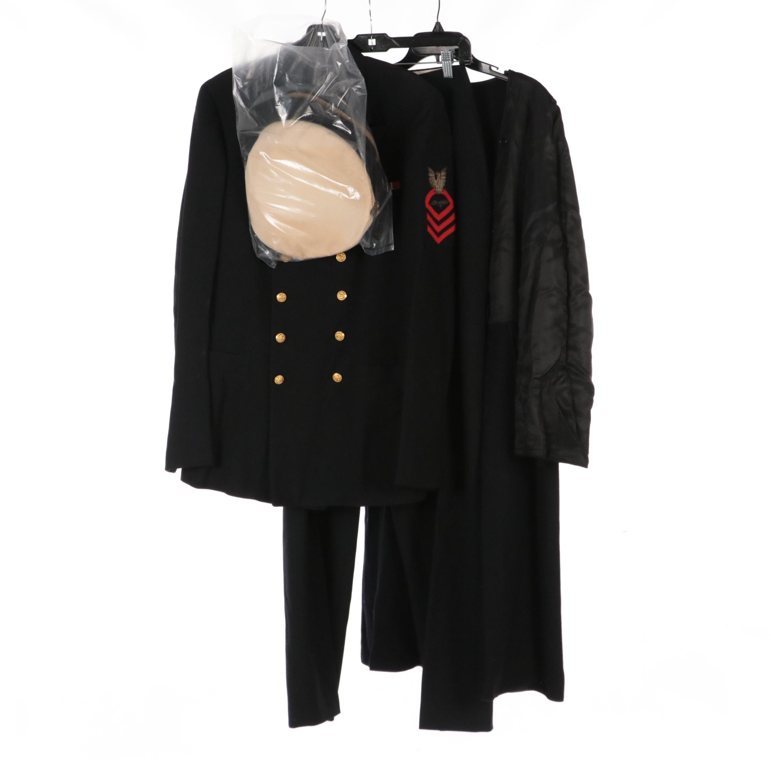 WWII Era US Navy Men's CPO Dress Blue Uniform, Cap, and Overcoat Liner