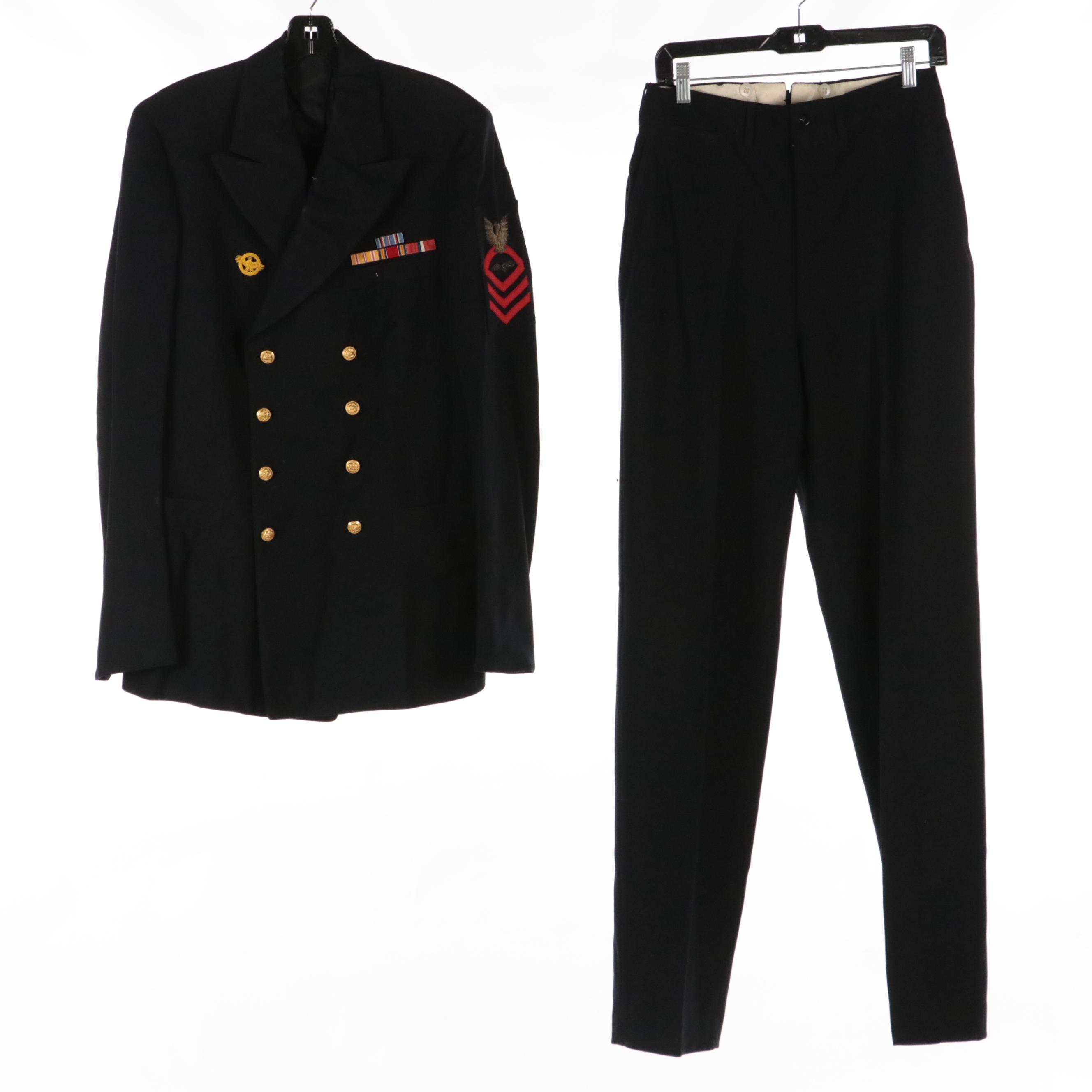 WWII Era US Navy Men's CPO Dress Blue Uniform, Cap, and Overcoat Liner