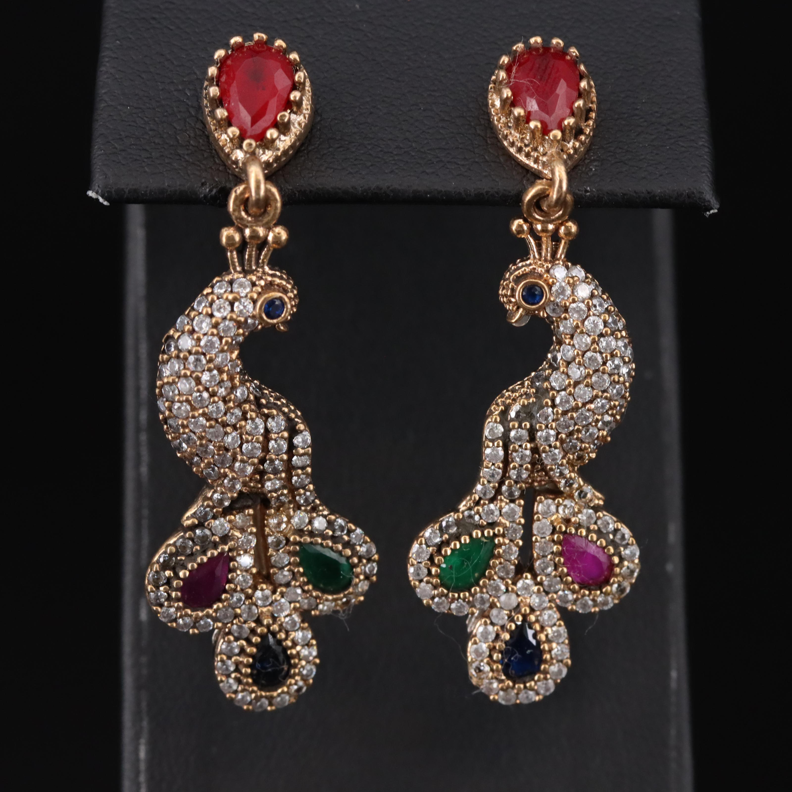 Sterling Peacock Earrings with Filled Corundum, Spinel and Cubic Zirconia