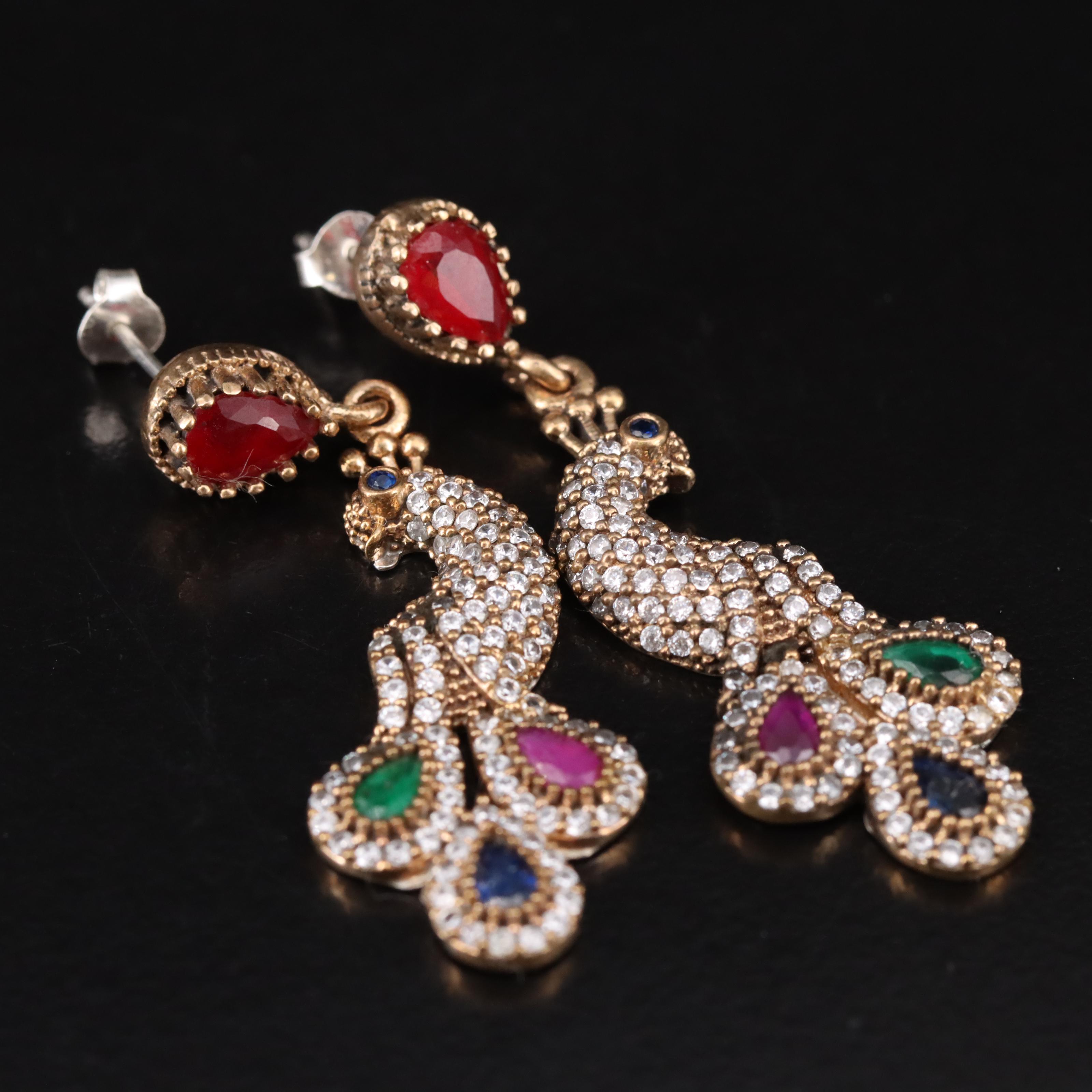 Sterling Peacock Earrings with Filled Corundum, Spinel and Cubic Zirconia